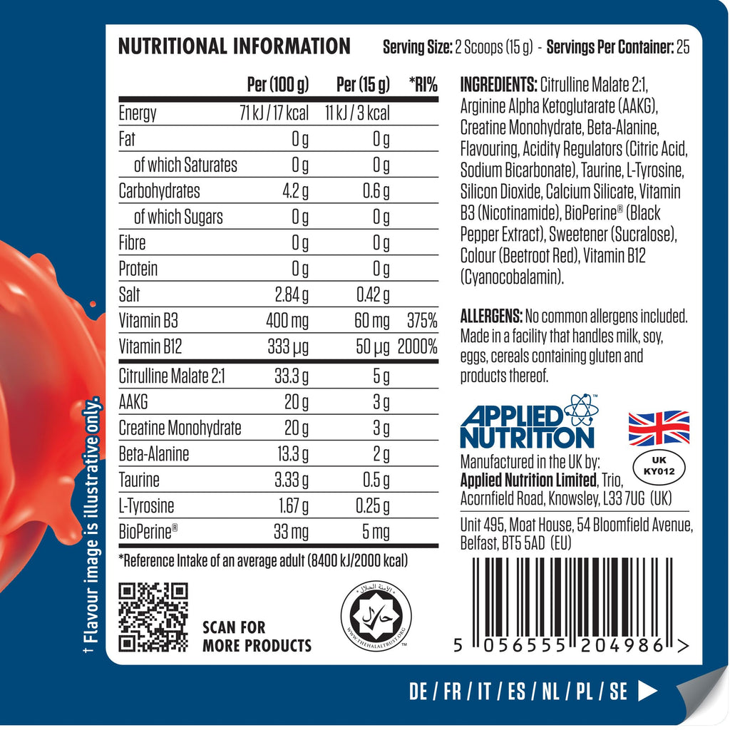 Applied Nutrition Pump 3G Zero supplement label with citrulline malate and vitamin B12
