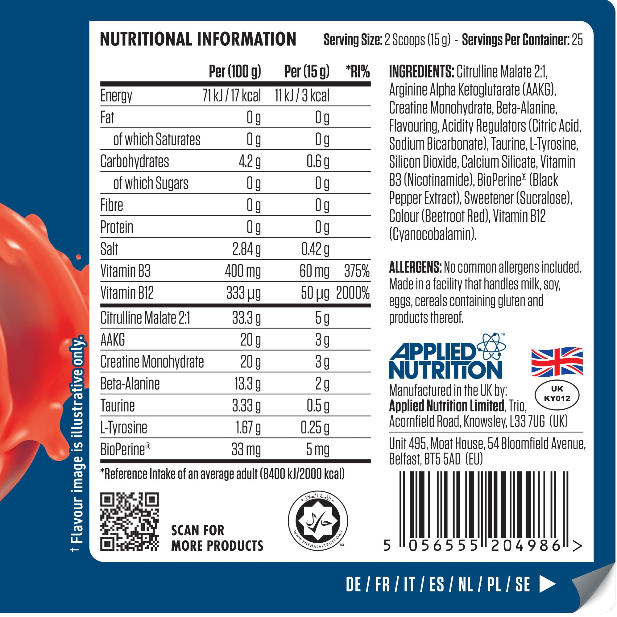 Applied Nutrition Pump 3G Zero supplement label with citrulline malate and vitamin B12