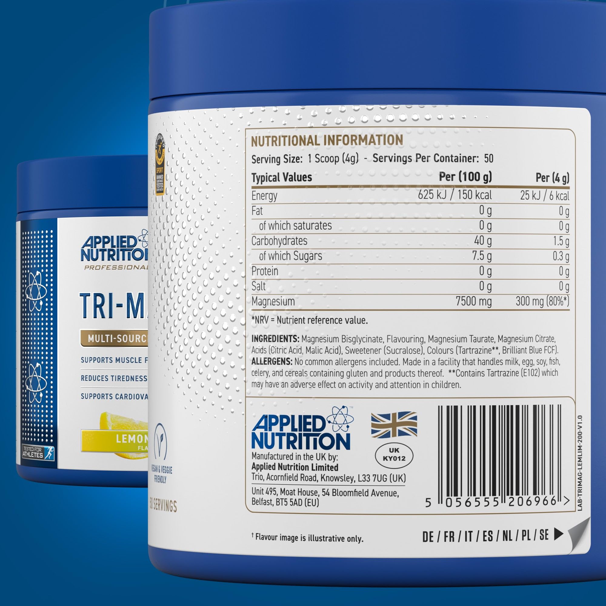 Blue and white Applied Nutrition Tri-Magnesium Powder container with magnesium bisglycinate for restful sleep