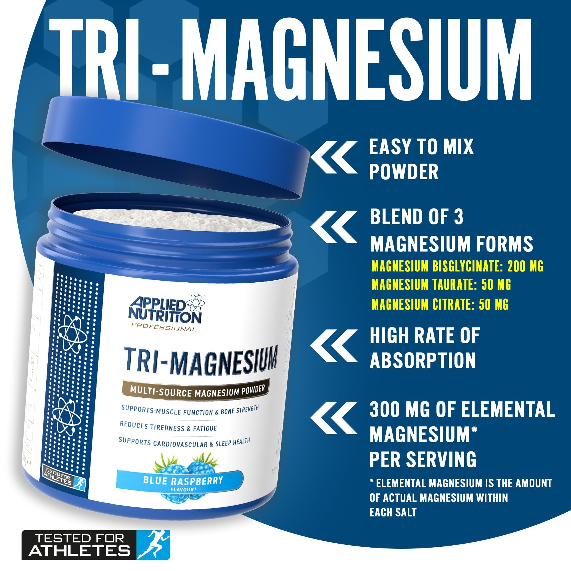 Applied Nutrition Tri-Magnesium Powder in blue raspberry flavor for restful sleep and magnesium bisglycinate benefits