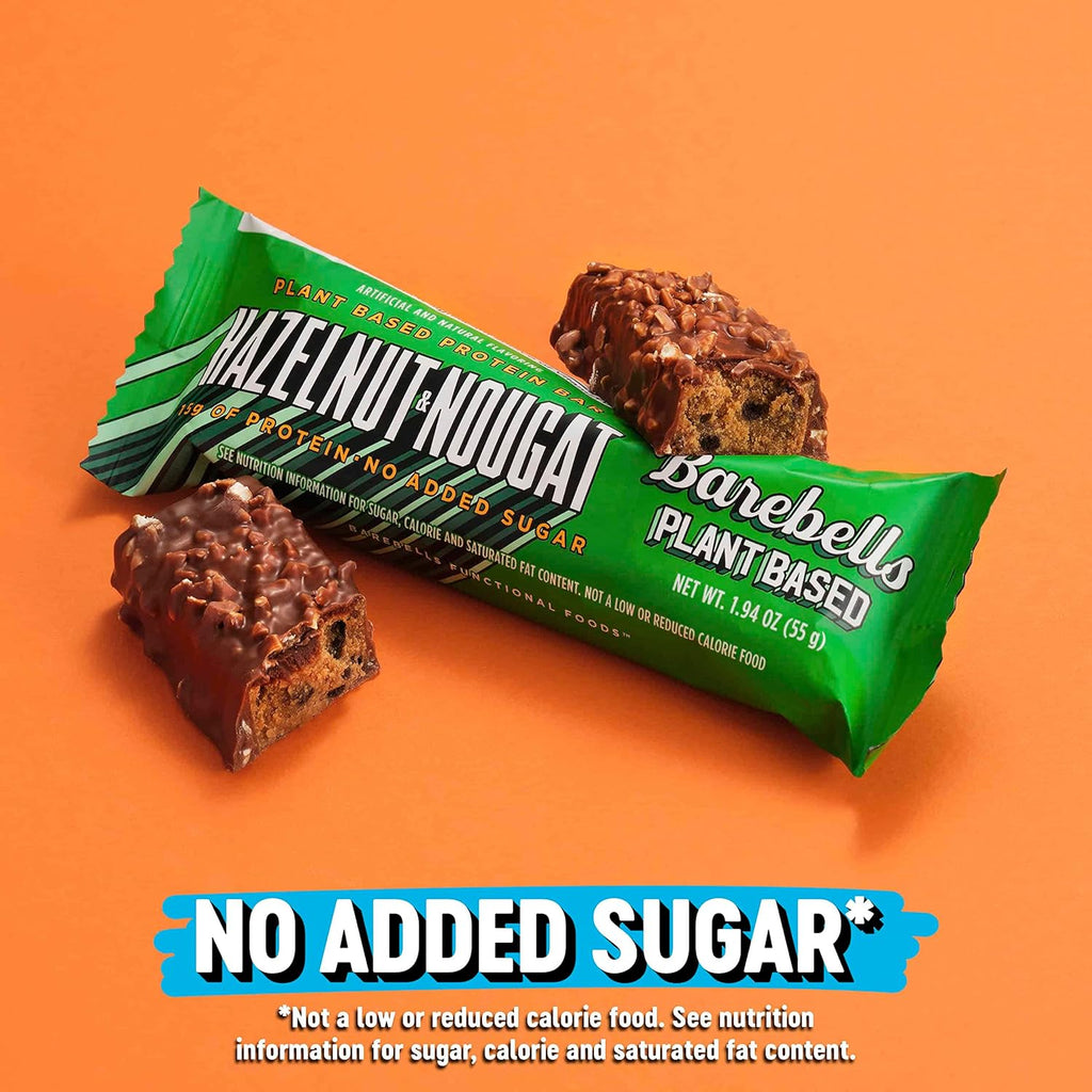Barebells Vegan Protein Bar Hazelnut Nougat with broken pieces showing chocolate interior
