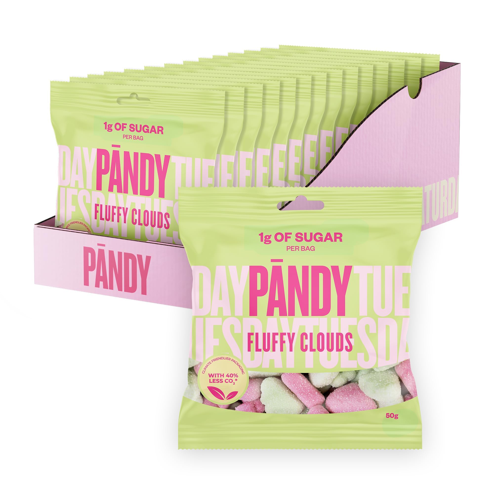 Display box of PANDY Candy Pandy Fluffy Clouds with peach rings and fizzy bottles in 14x50g packs