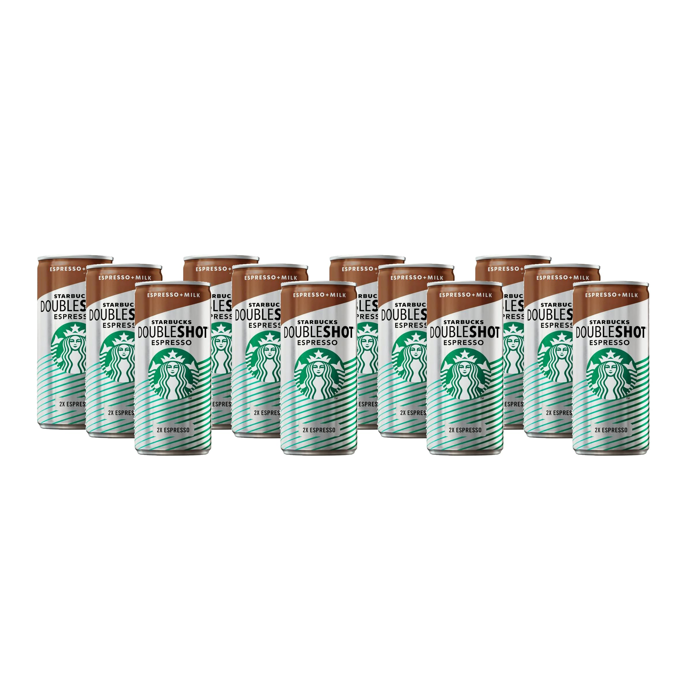 A dozen cans of Starbucks Doubleshot featuring two bold, creamy milk flavors