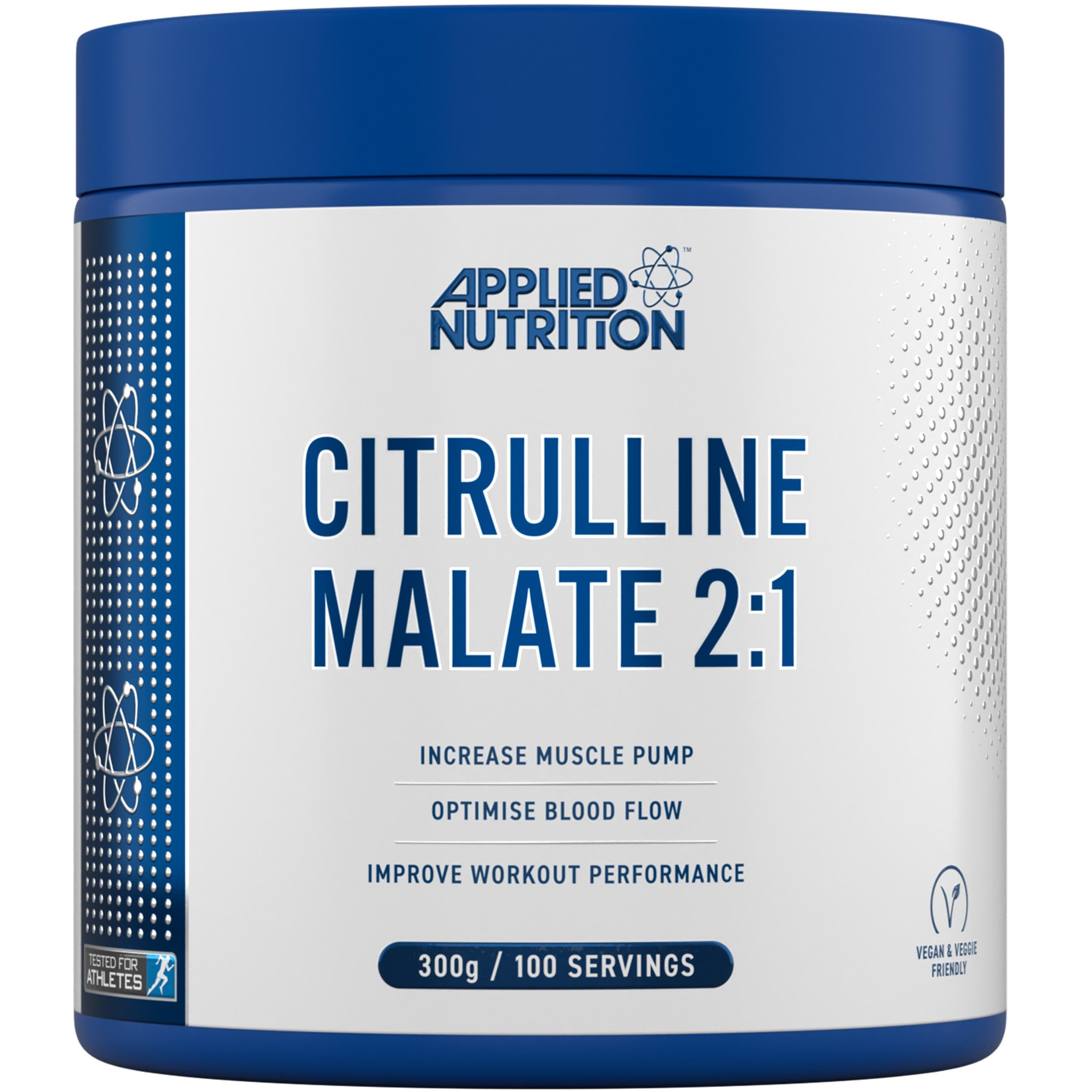 Blue and white Applied Nutrition Citrulline Malate tub for workout performance and muscle recovery