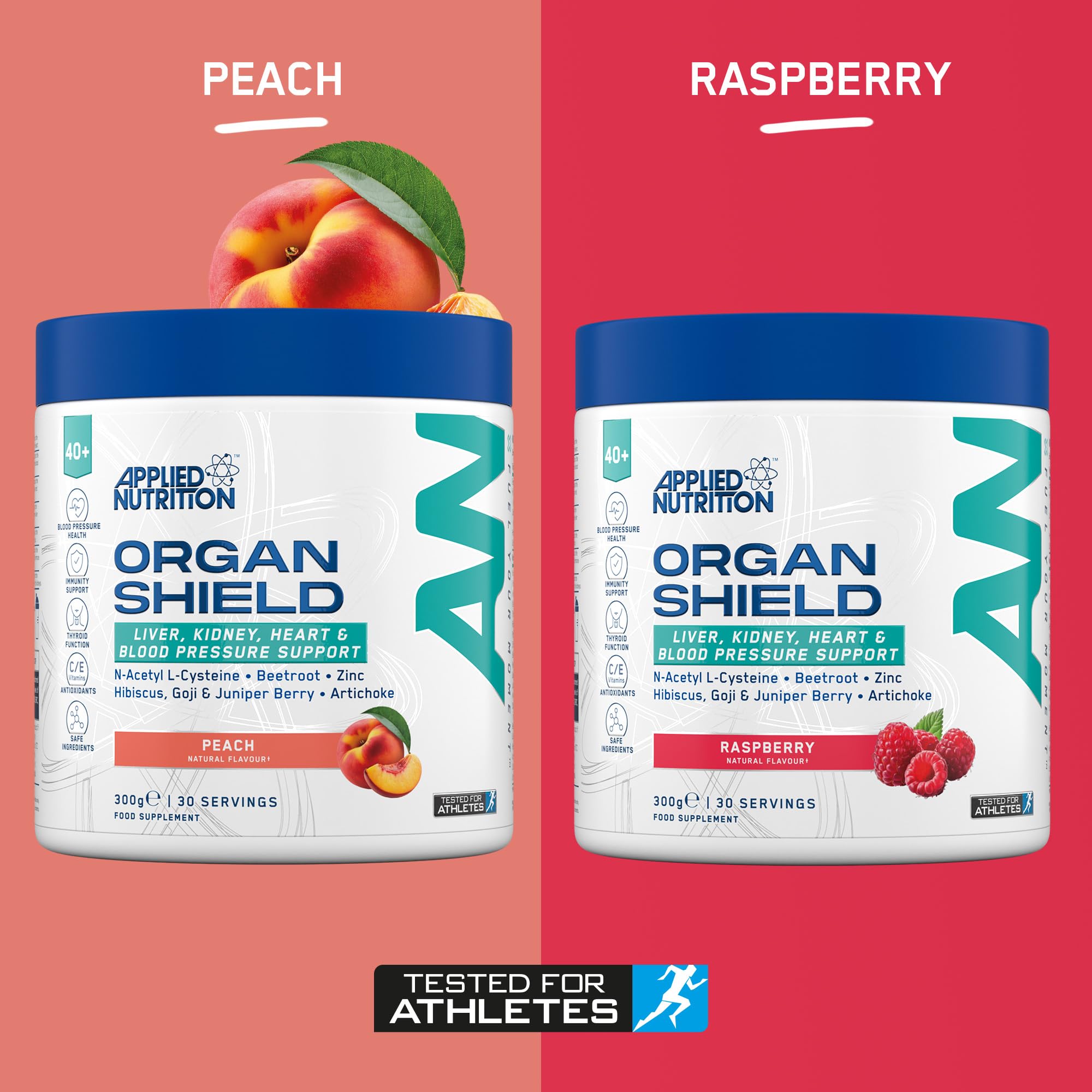 Two tubs of Applied Nutrition Organ Shield kidney health supplement with dandelion root and artichoke leaf