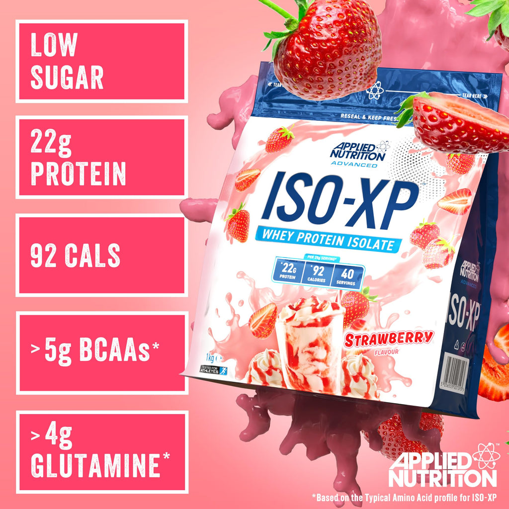 Strawberry-flavored Applied Nutrition Iso-XP whey protein isolate powder for easy mixing