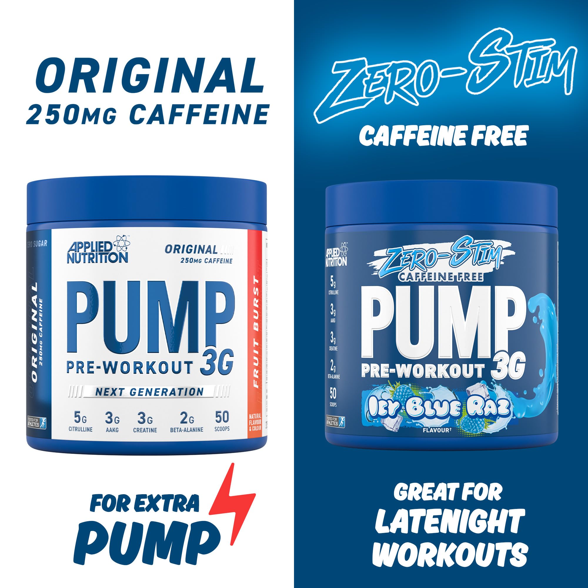 Applied Nutrition Pump 3G Zero pre-workout tubs with citrulline malate and vitamin B12