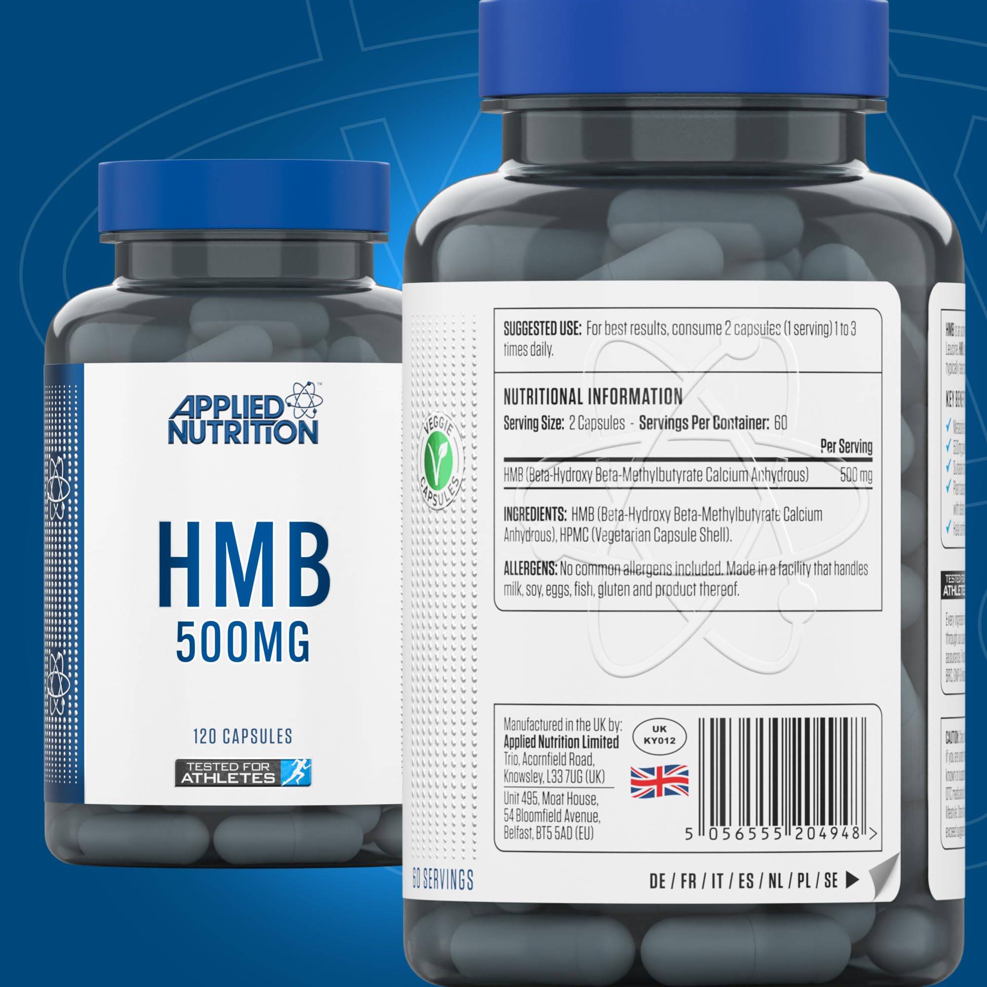 Two bottles of Applied Nutrition HMB 500MG plant-based veggie capsules for sports nutrition