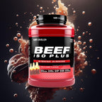 Red and black container of Outangled Beef Iso Plus beef protein isolate powder