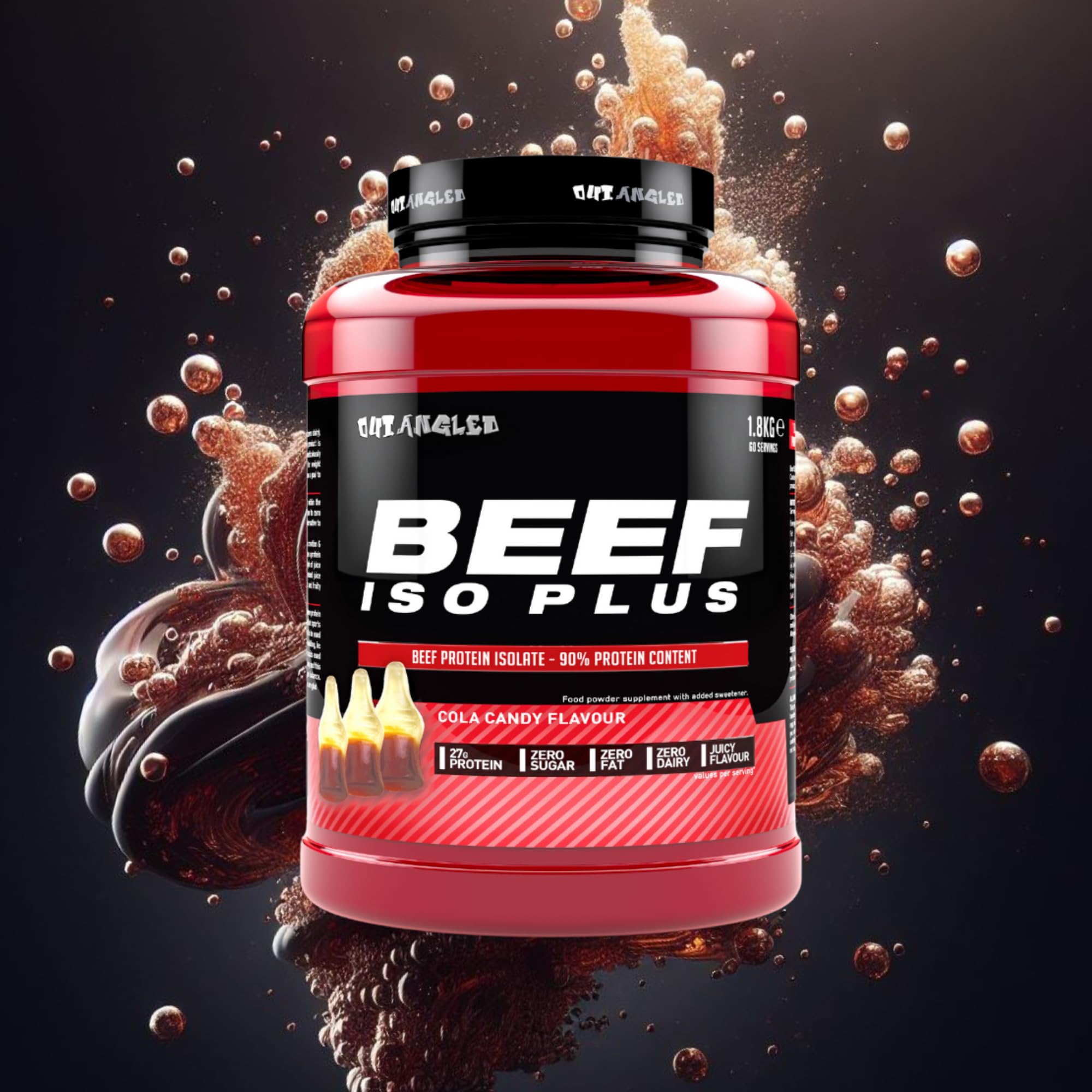 Red and black container of Outangled Beef Iso Plus beef protein isolate powder