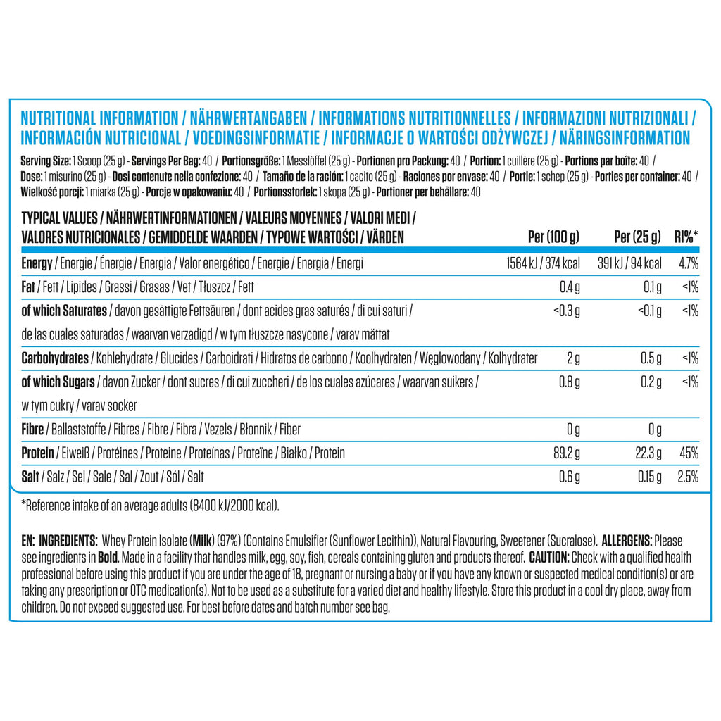 Applied Nutrition Iso-XP nutritional info label with whey protein isolate and easy mixing