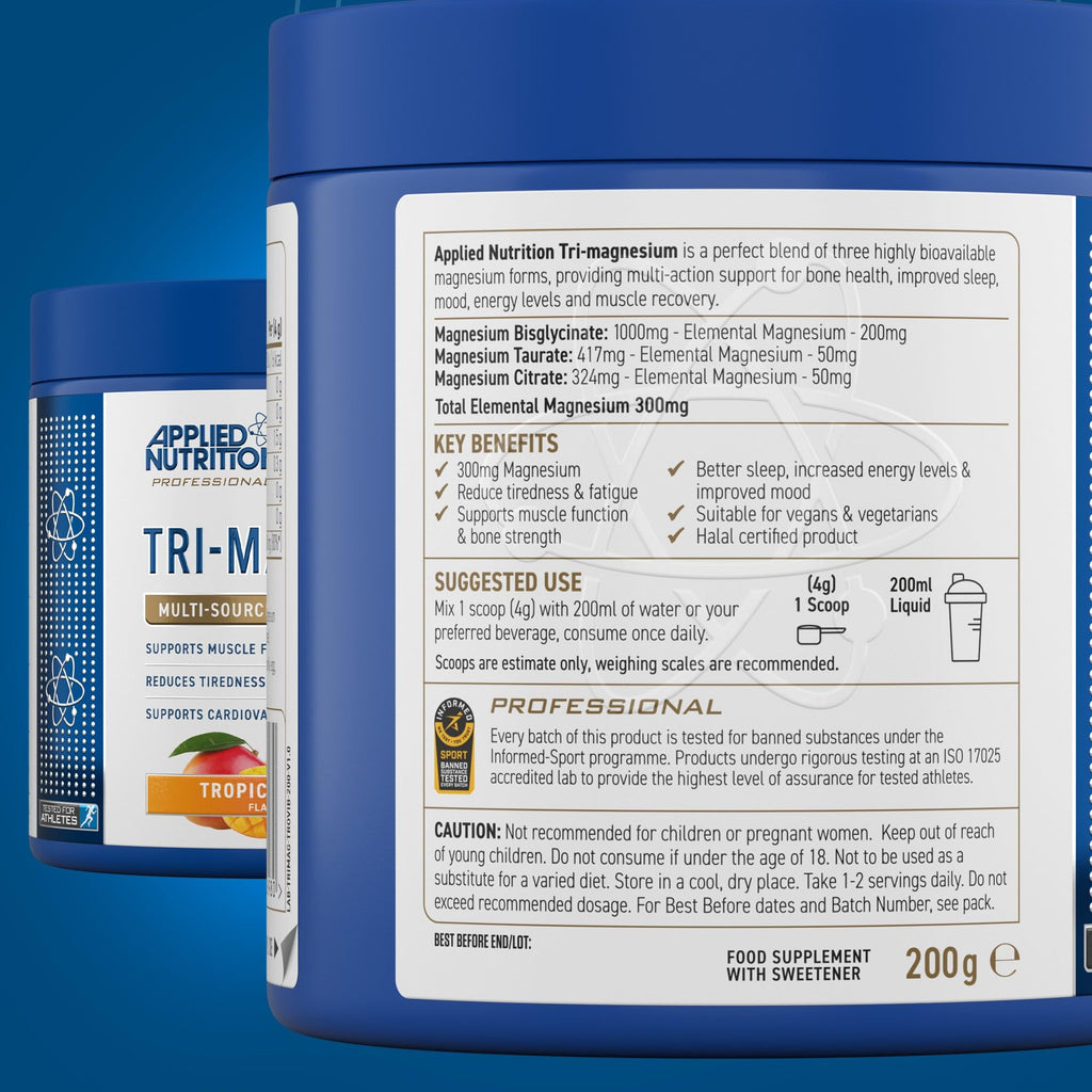 Blue Applied Nutrition Tri-Magnesium Powder container with product info for restful sleep