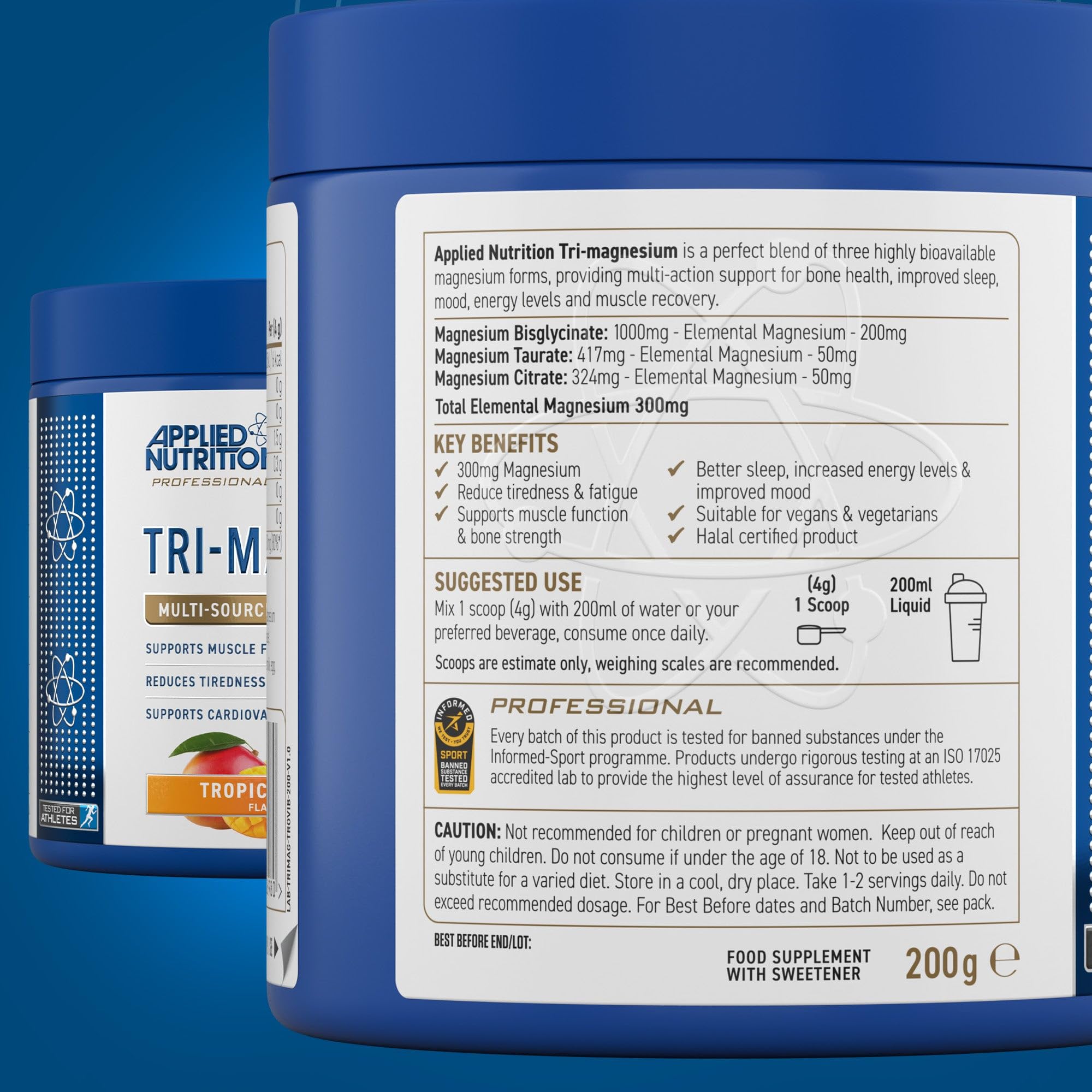 Blue Applied Nutrition Tri-Magnesium Powder container with product info for restful sleep
