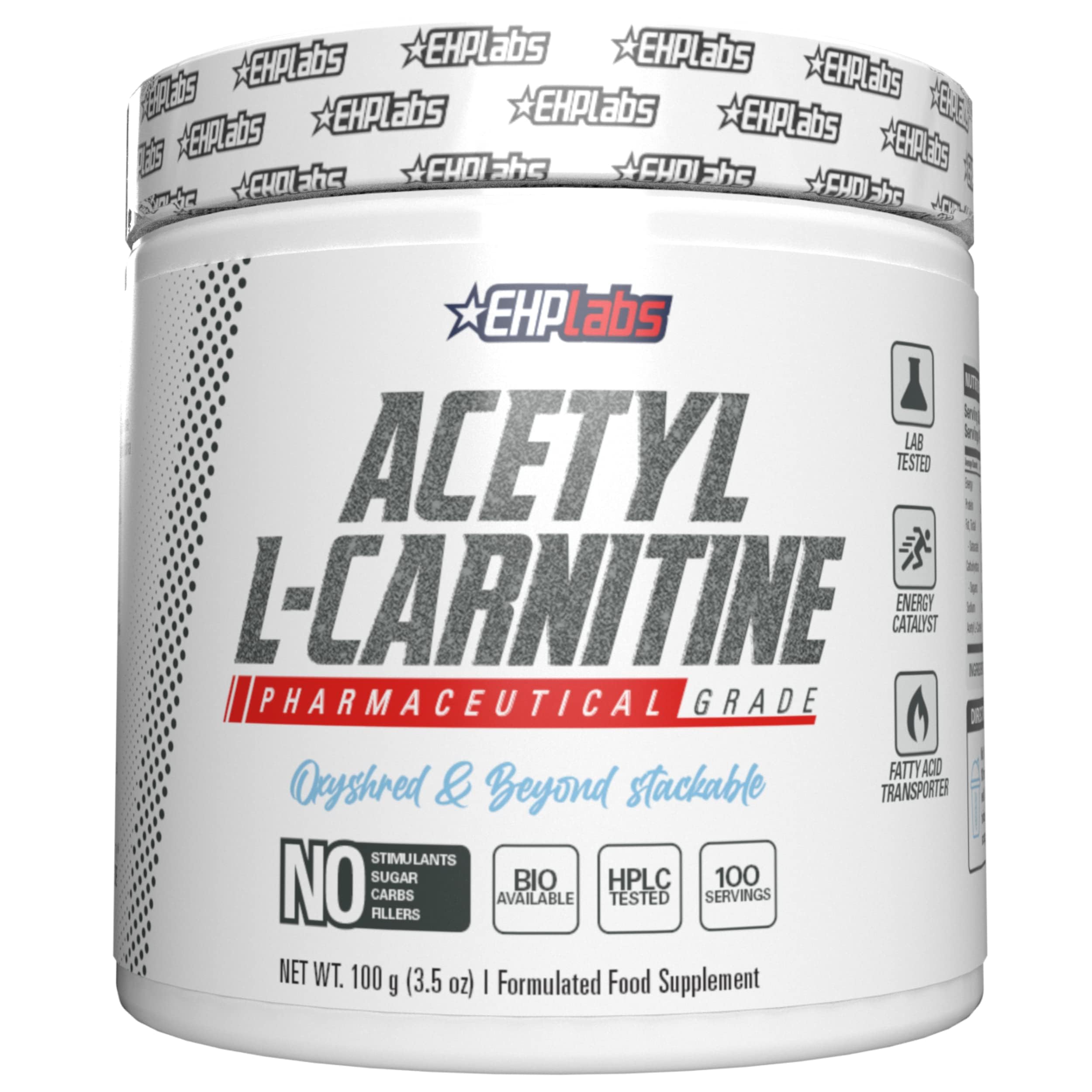 EHP Labs Acetyl L-Carnitine supplement container with pharmaceutical grade label and icons