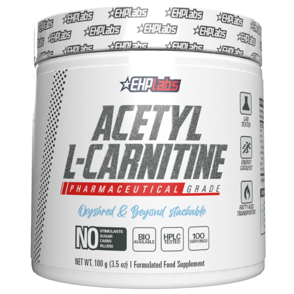 White tub of EHP Labs Acetyl L-Carnitine dietary supplement, pharmaceutical grade