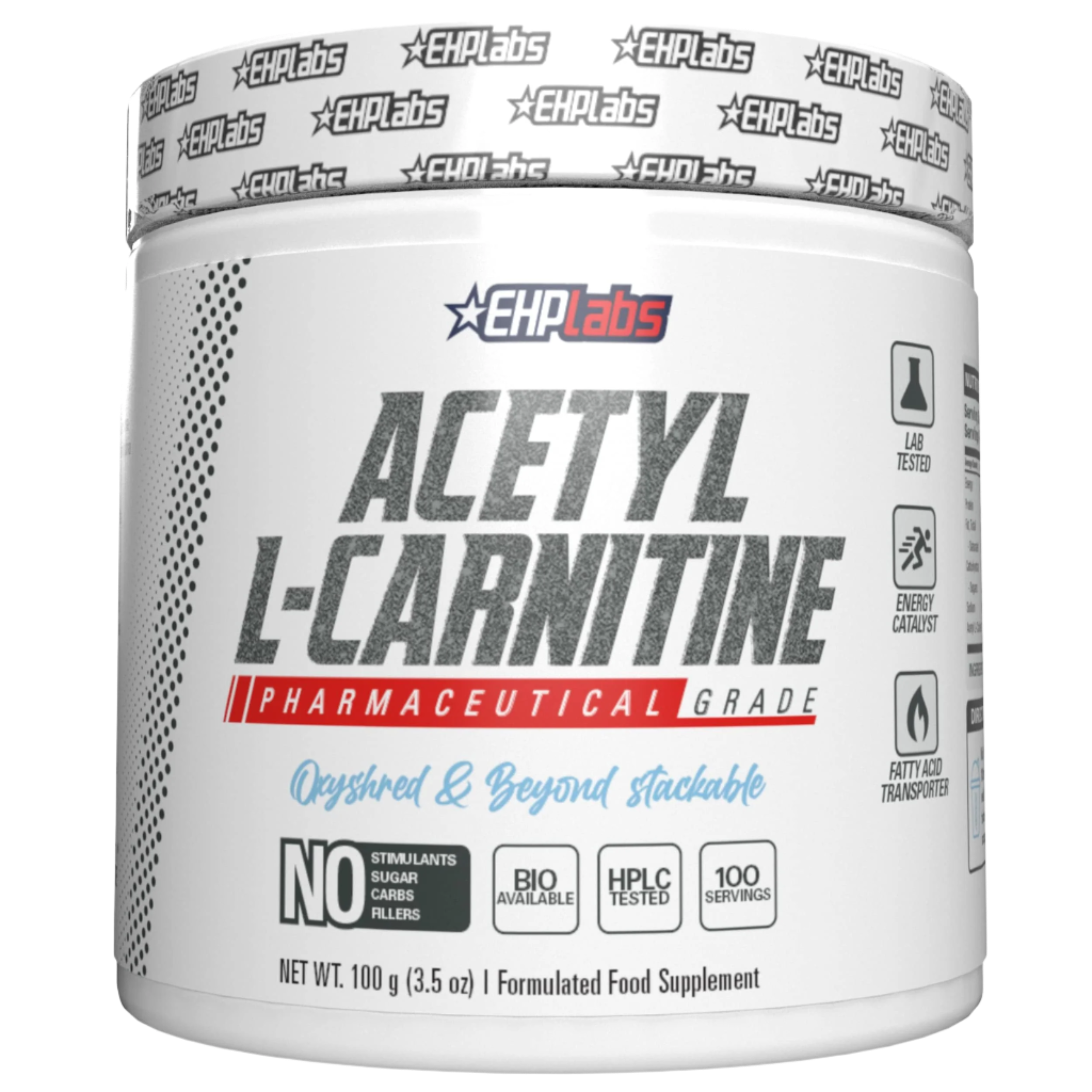 White tub of EHP Labs Acetyl L-Carnitine dietary supplement, pharmaceutical grade