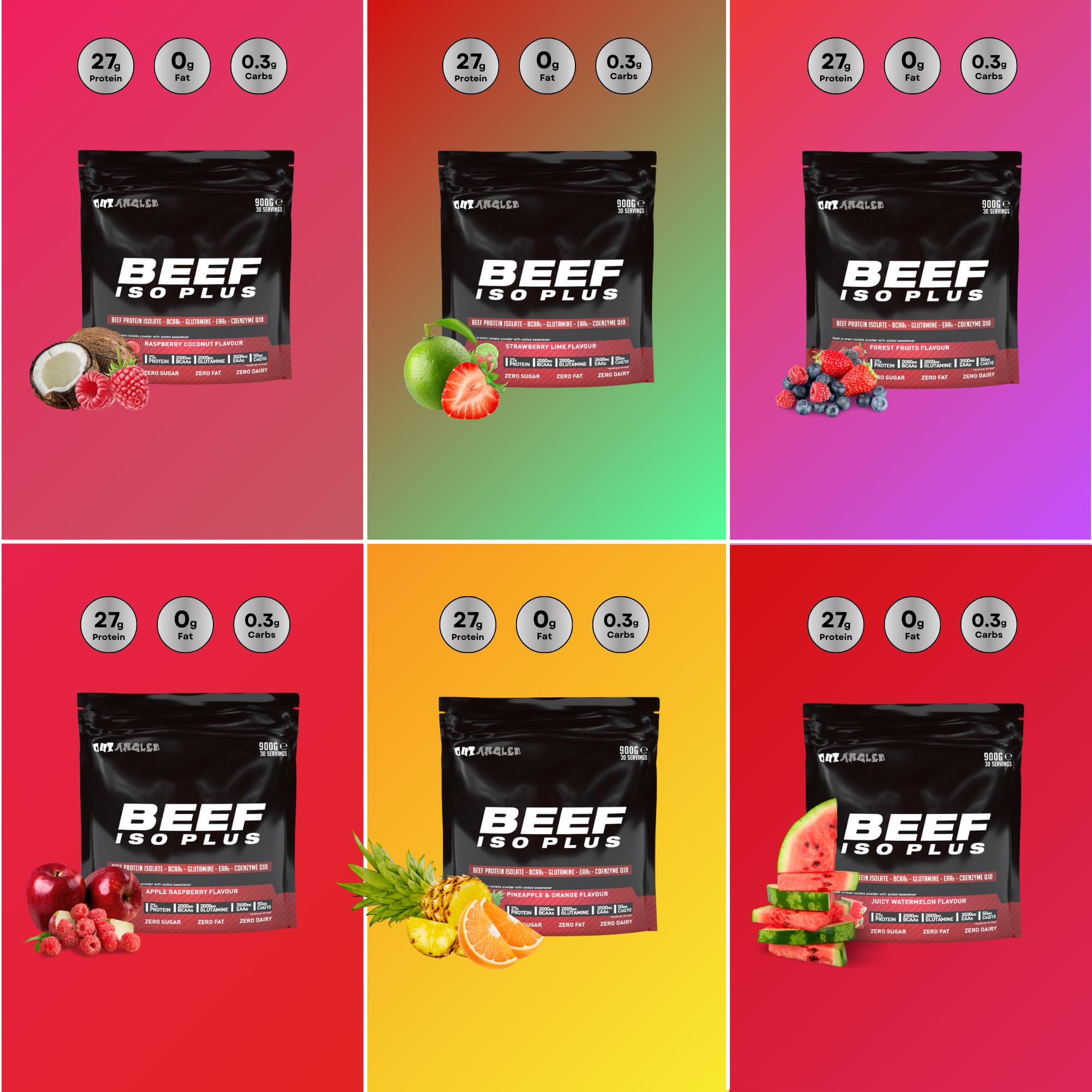 Six Outangled Beef Iso Plus protein bags with different fruit flavors, beef protein isolate