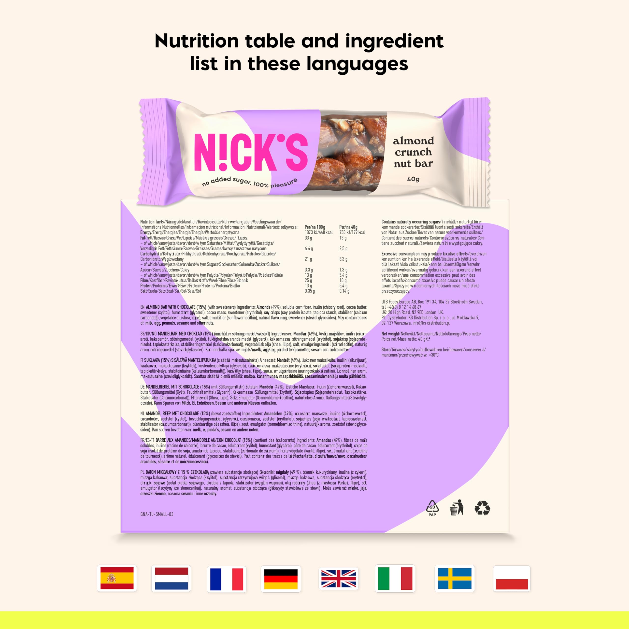 Nick’s Nut Bar vegan nut with cocoa butter, nutrition facts, and ingredients list