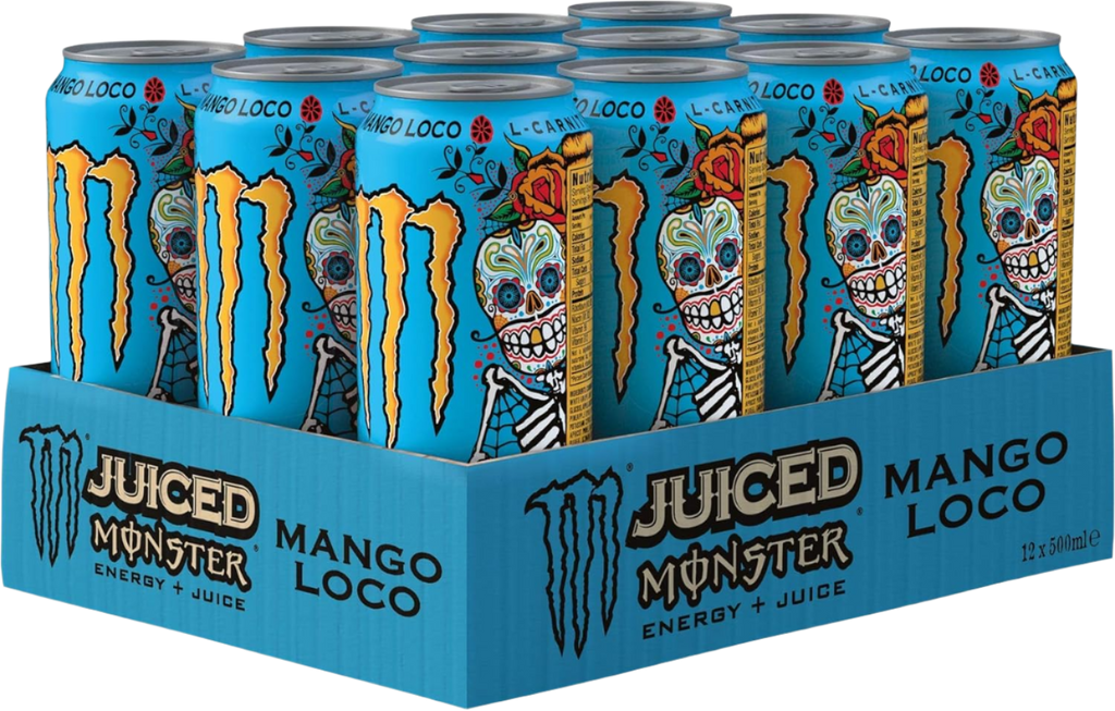 12-pack of Monster Energy Juiced Mango Loco carbonated energy drinks in a box