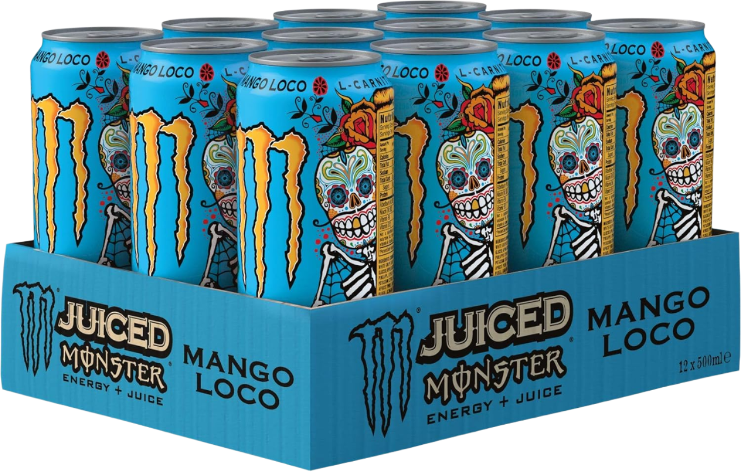 12-pack of Monster Energy Juiced Mango Loco carbonated energy drinks in a box
