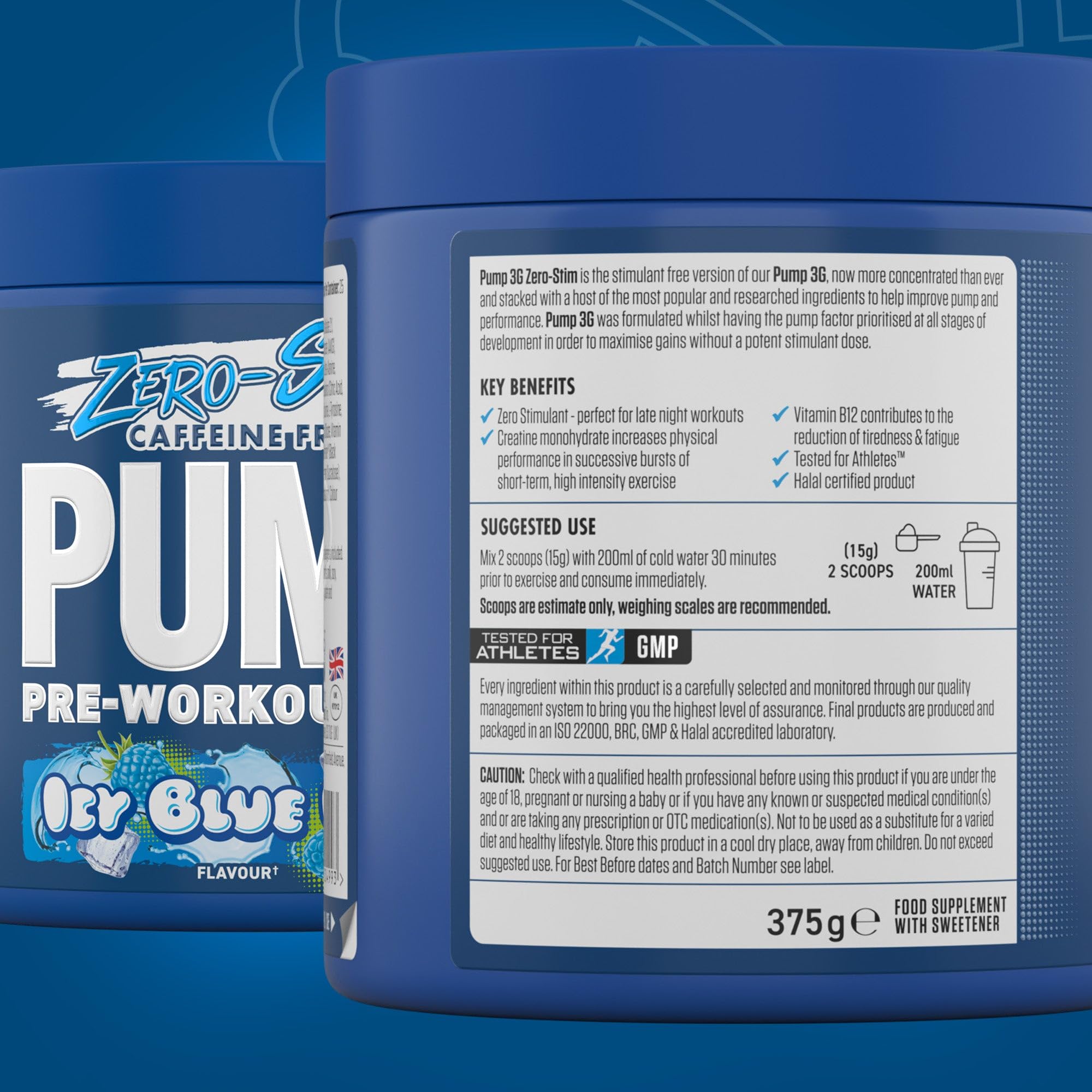 Blue Applied Nutrition Pump 3G Zero container with Icy Blue flavor, citrulline malate, vitamin B12