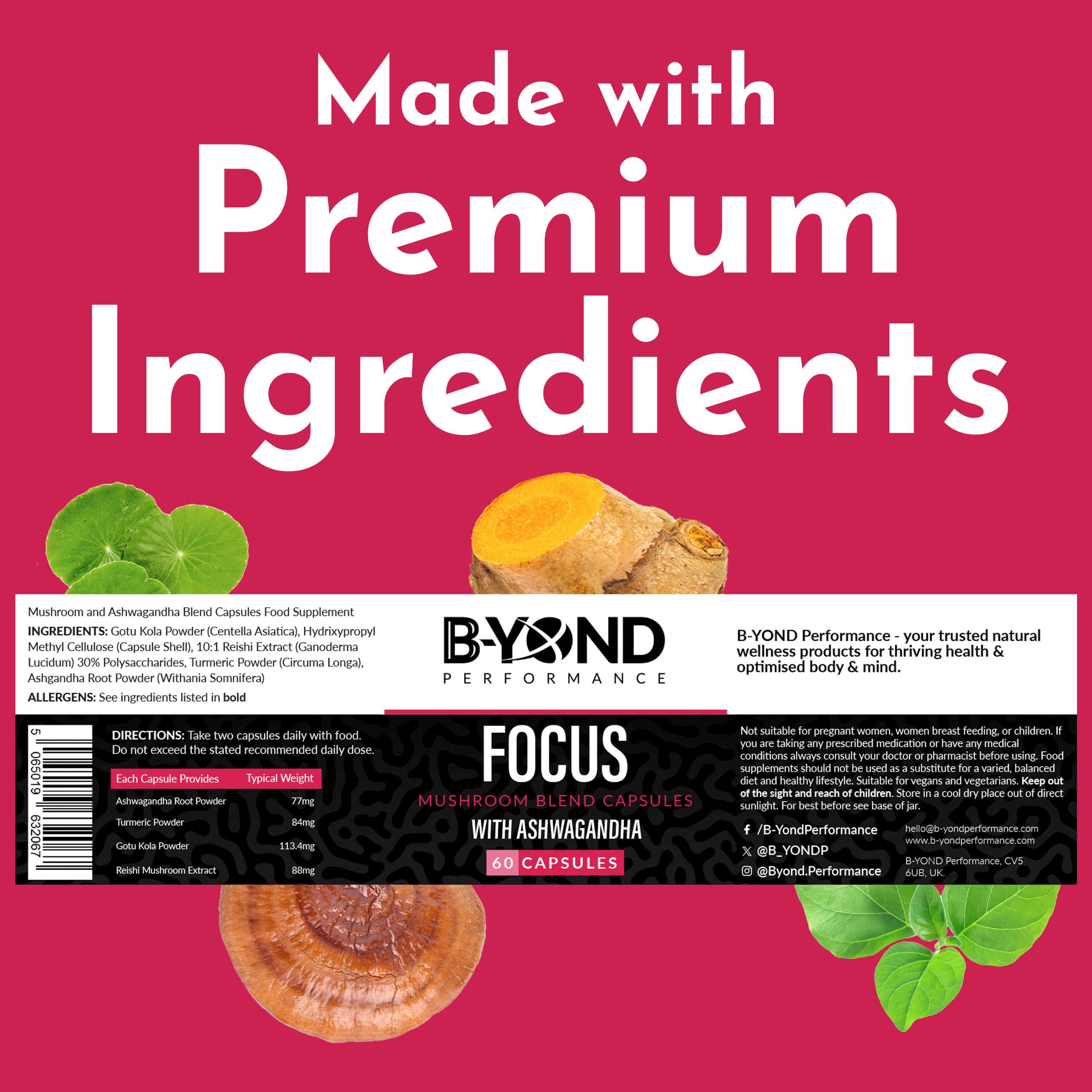 BYOND PERFORMANCE Focus Mushroom Capsules with ashwagandha for mental clarity