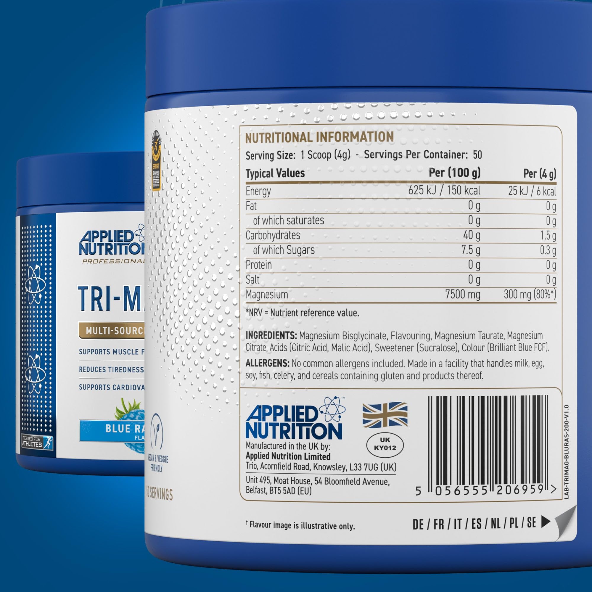 Blue Applied Nutrition Tri-Magnesium Powder container with nutrition info for restful sleep