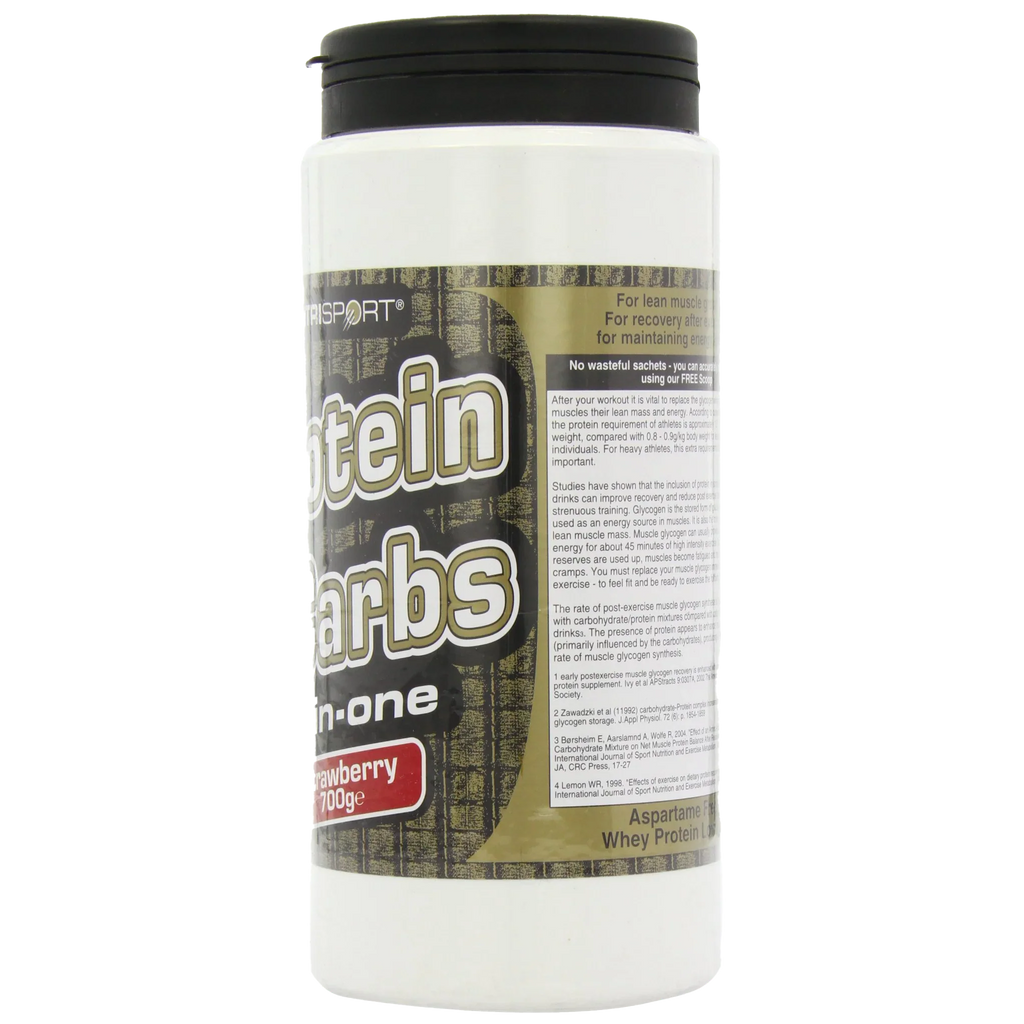 NutriSport Protein & Complex Carbs container with whey concentrate and strawberry flavor