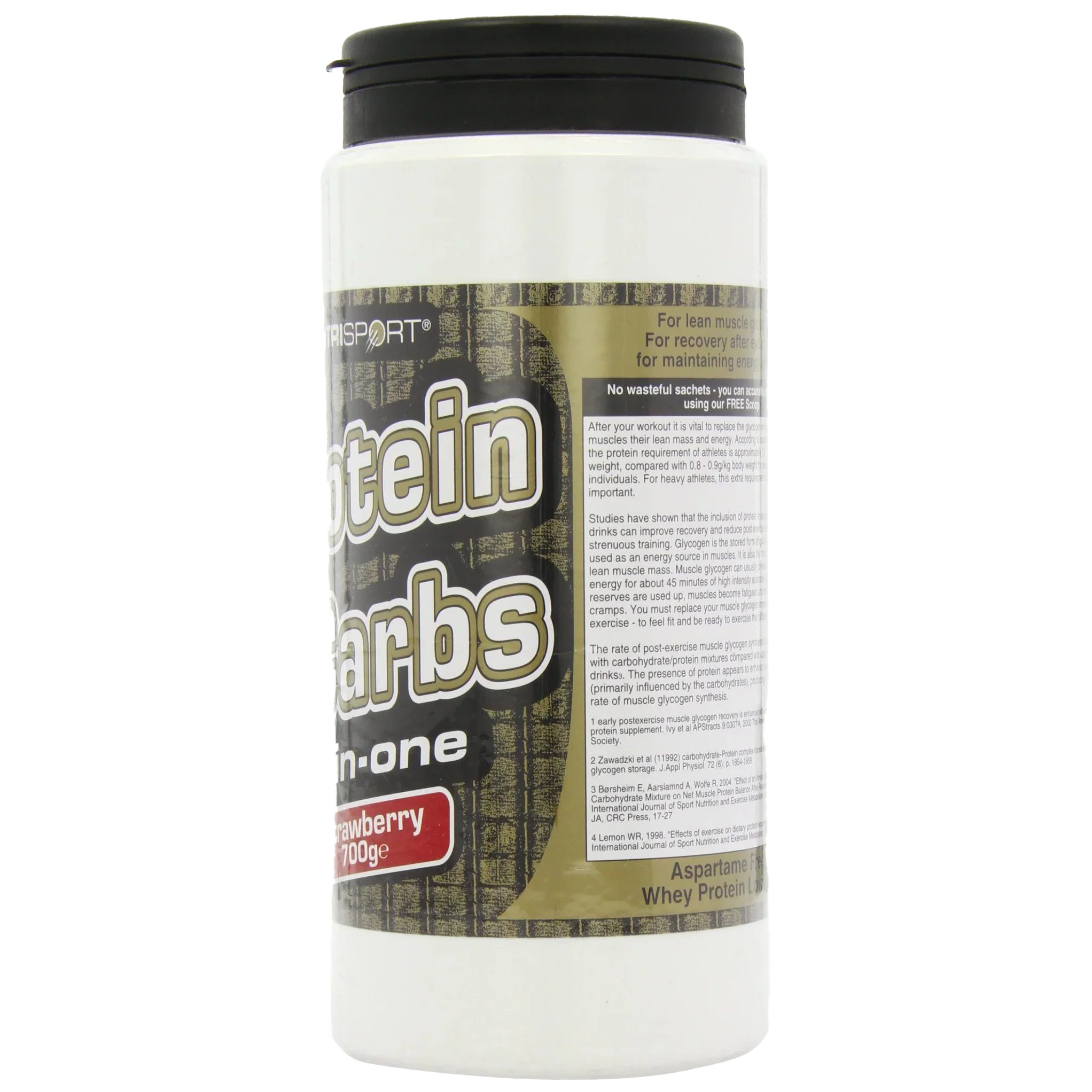 NutriSport Protein & Complex Carbs container with whey concentrate and strawberry flavor