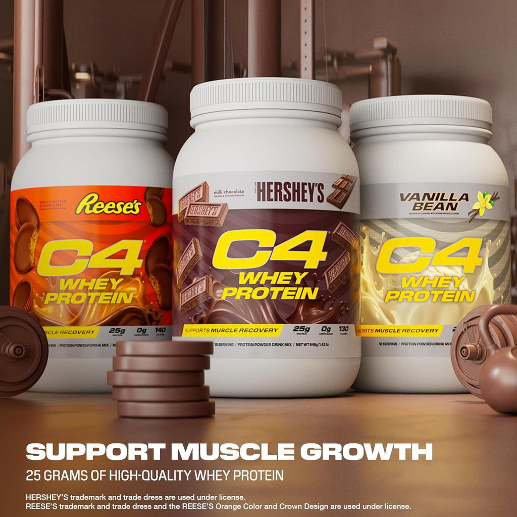 Three tubs of Cellucor C4 Whey Protein in Hershey’s Milk Chocolate and Reese’s flavors