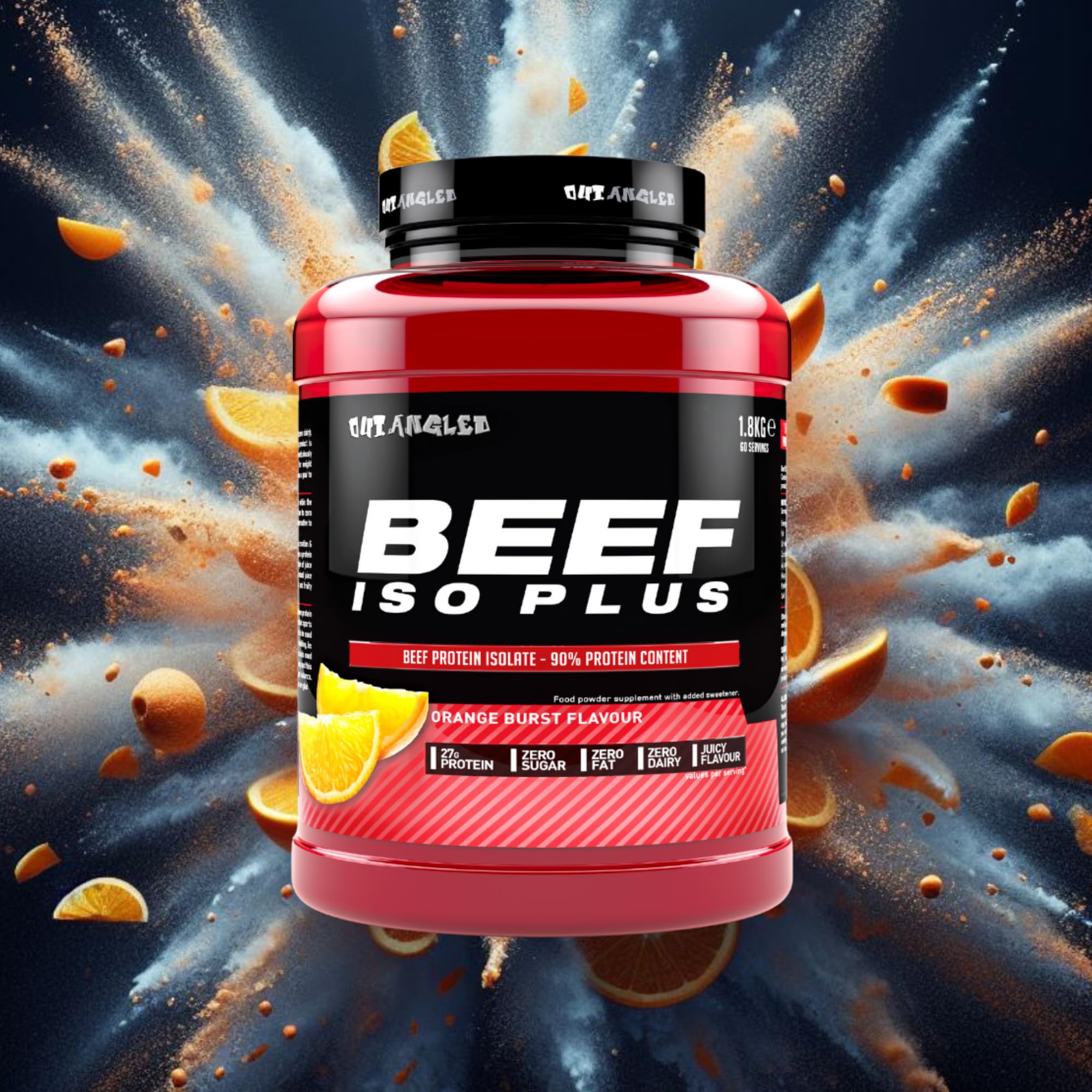 Red and black Outangled Beef Iso Plus protein container with Orange Burst flavor
