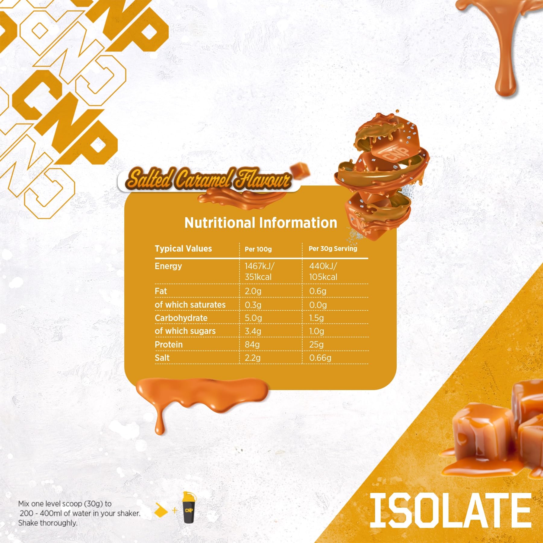 Salted caramel flavored CNP Isolate whey protein with essential amino acids nutrition info