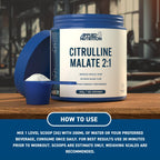 Blue and white Applied Nutrition Citrulline Malate tub with scoop for workout performance