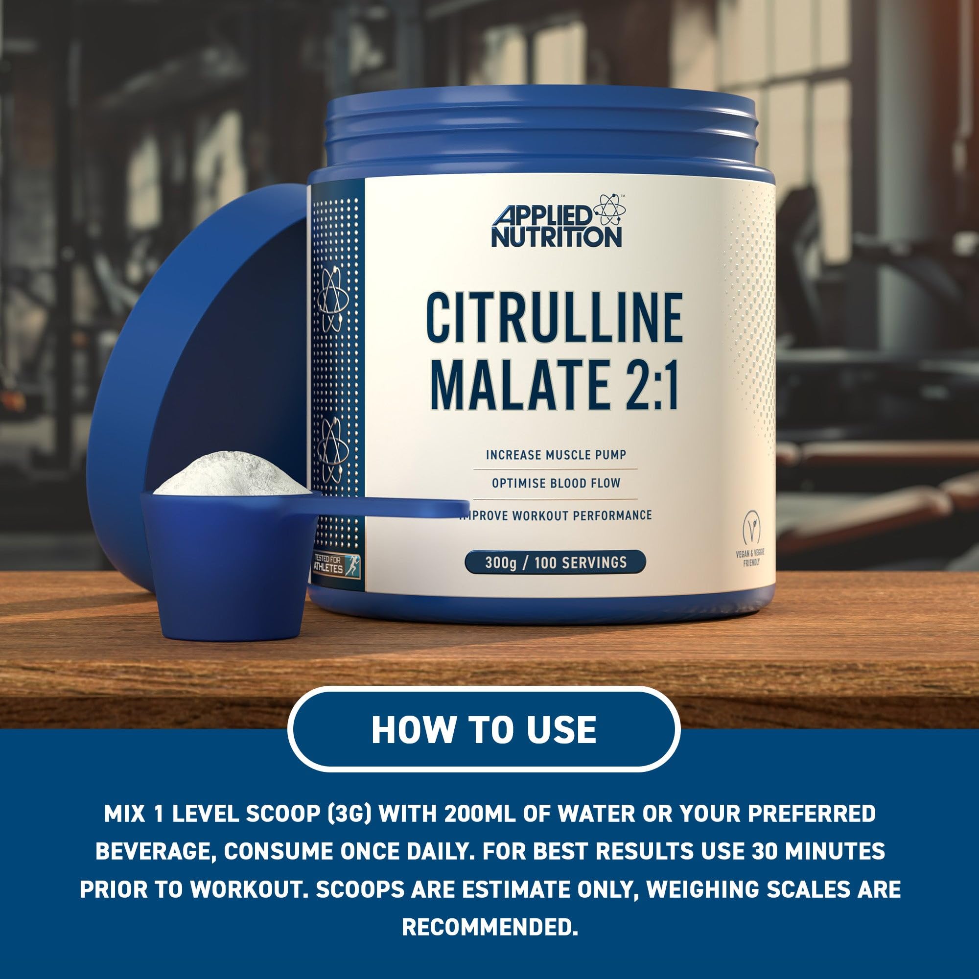 Blue and white Applied Nutrition Citrulline Malate tub with scoop for workout performance