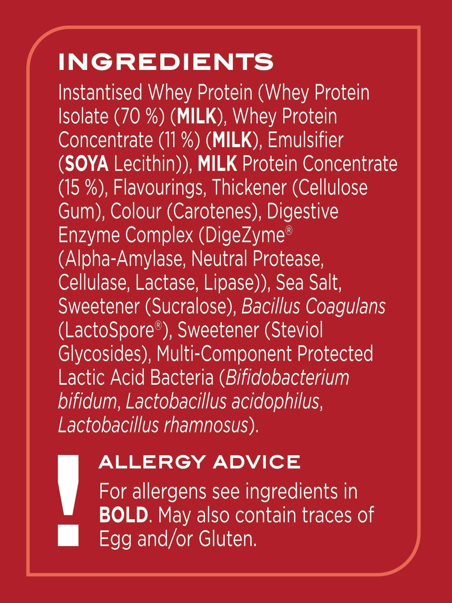 Reflex Nutrition Instant Whey Pro product label with ingredients and allergy advice