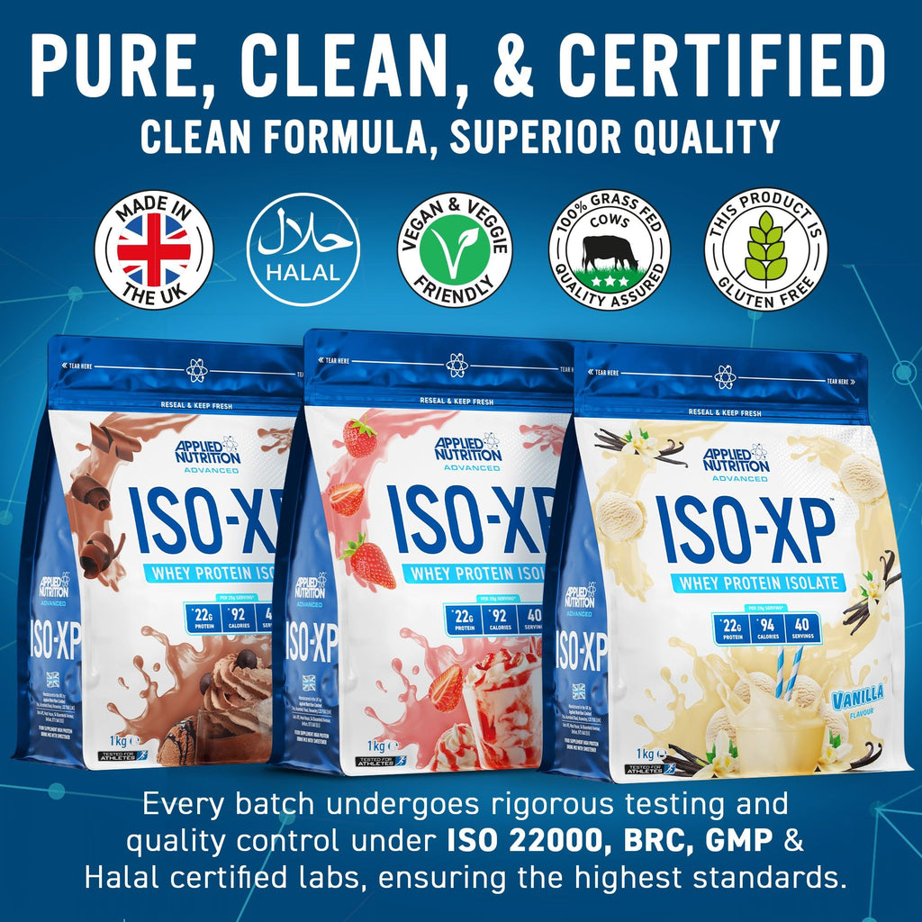 Three Applied Nutrition Iso-XP flavored whey protein isolate powder bags for easy mixing
