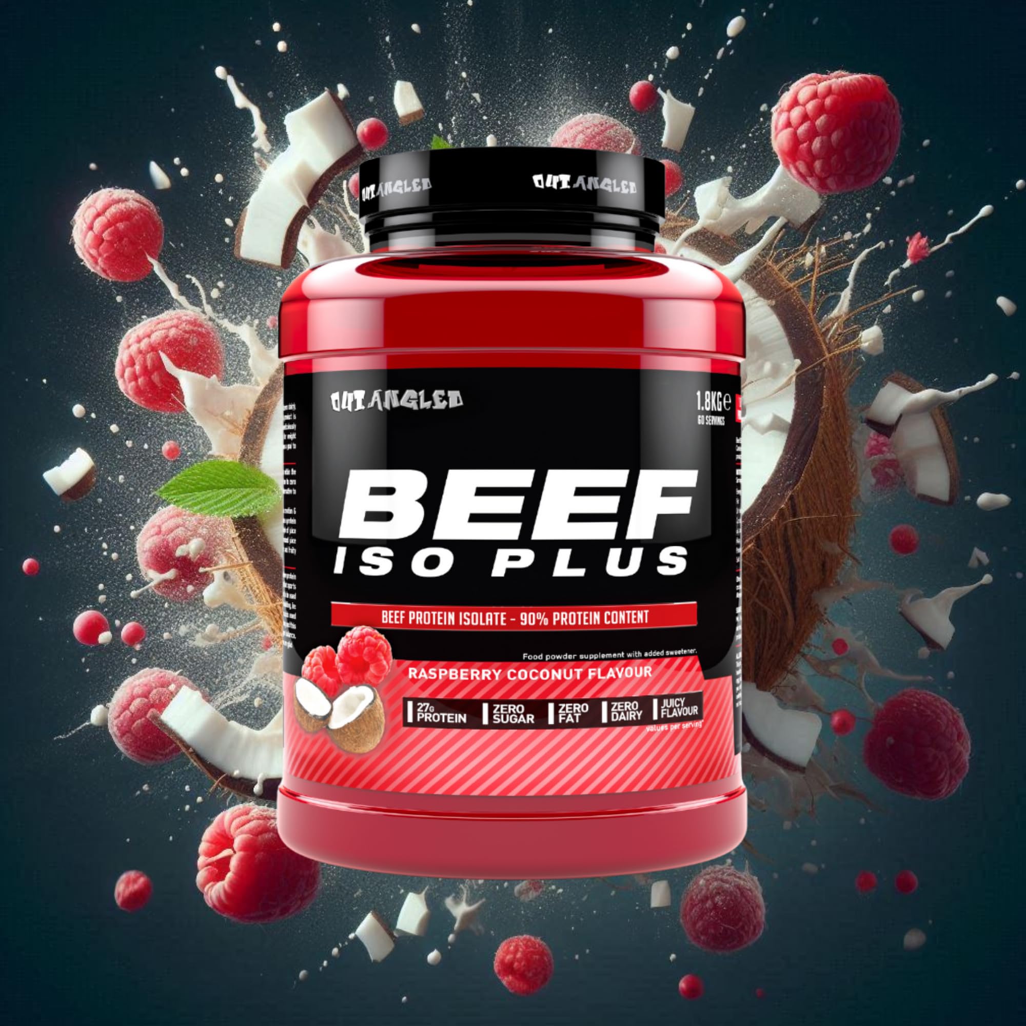 Outangled Beef Iso Plus raspberry coconut flavored beef protein isolate container on display