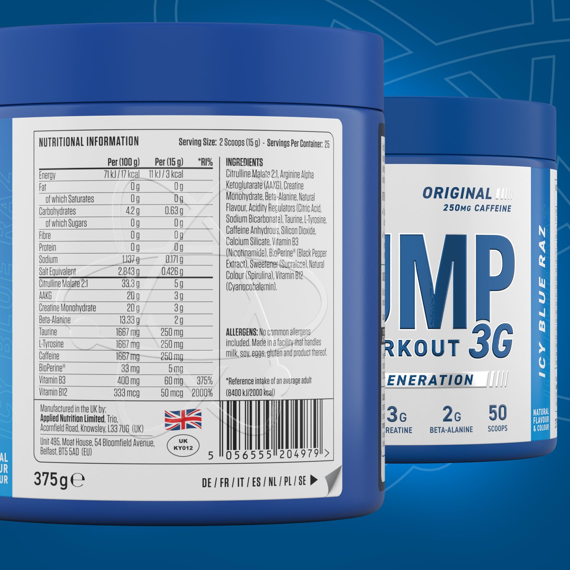 Blue plastic tub of Applied Nutrition Pump 3G workout supplement for muscle gains