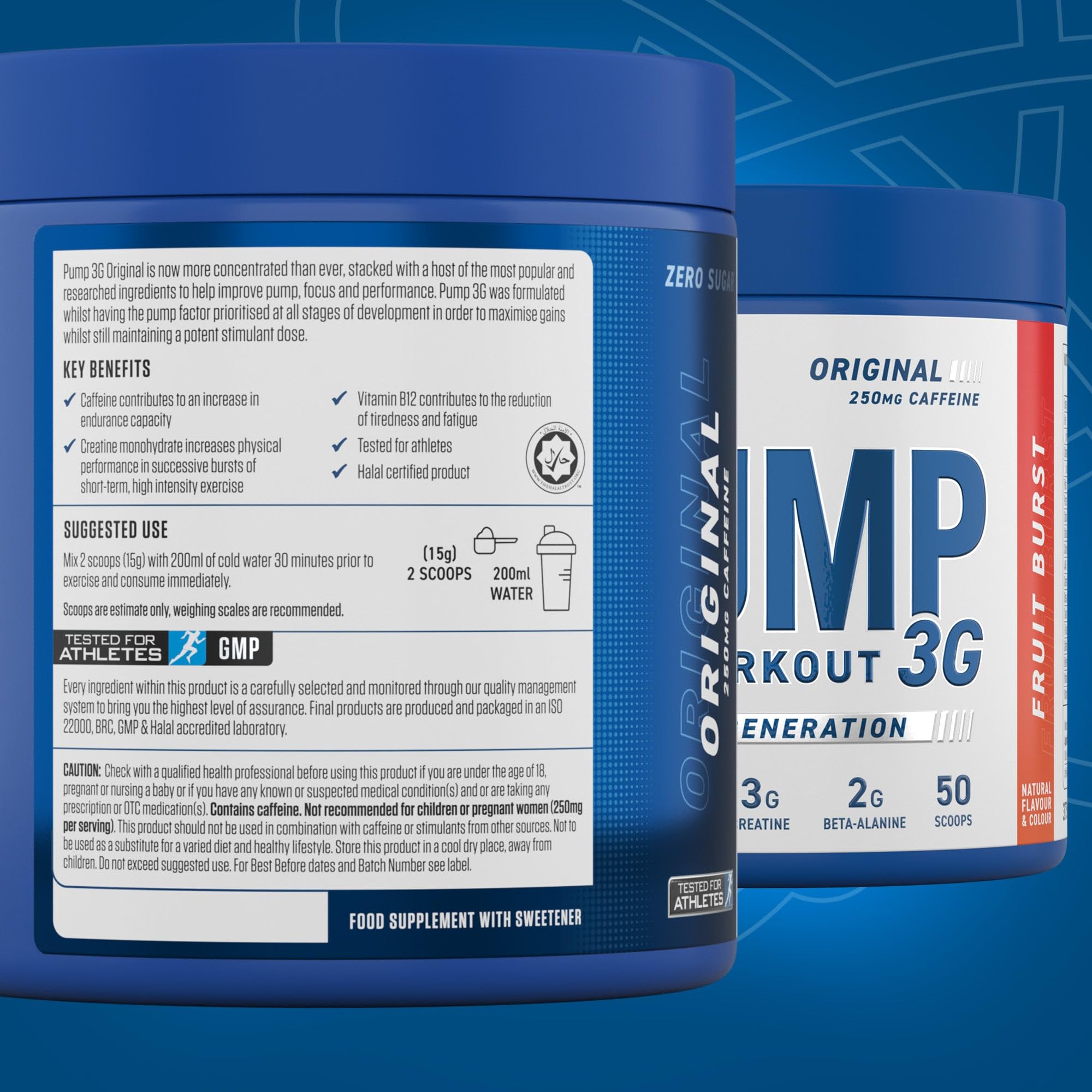 Blue Applied Nutrition Pump 3G container for pre-workout supplement product