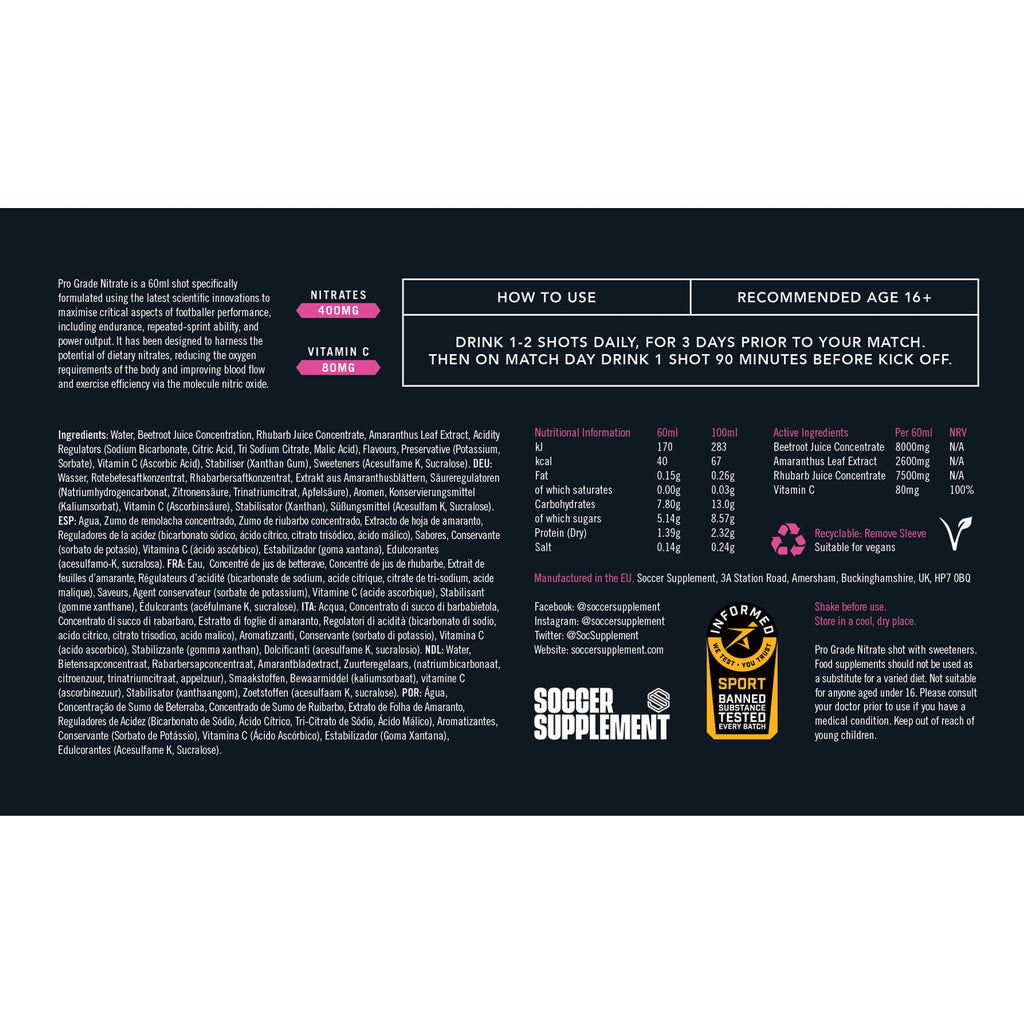 Soccer Supplement Nitrate Shot label with nutritional info and usage tips for athletic performance