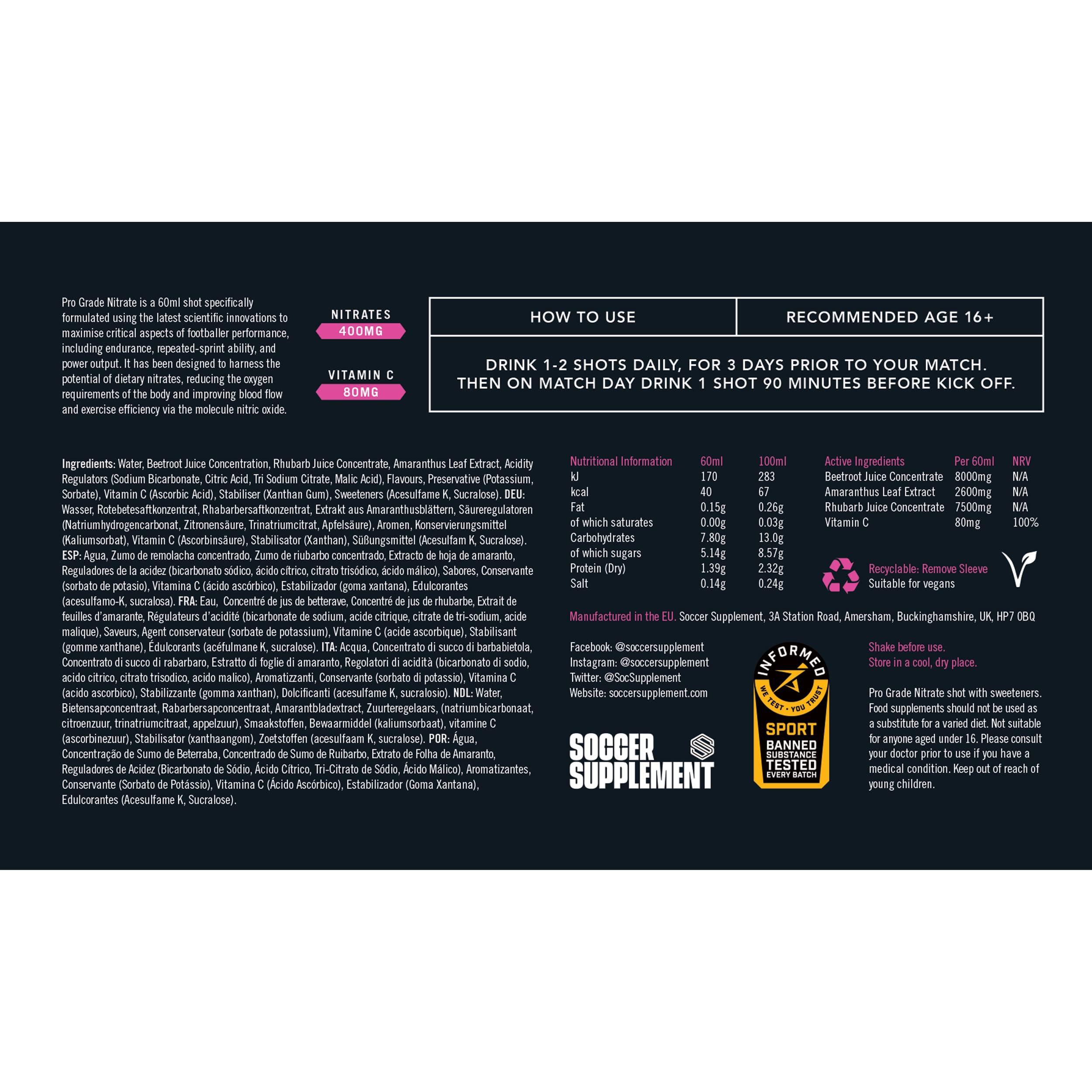 Soccer Supplement Nitrate Shot label with nutritional info and usage tips for athletic performance