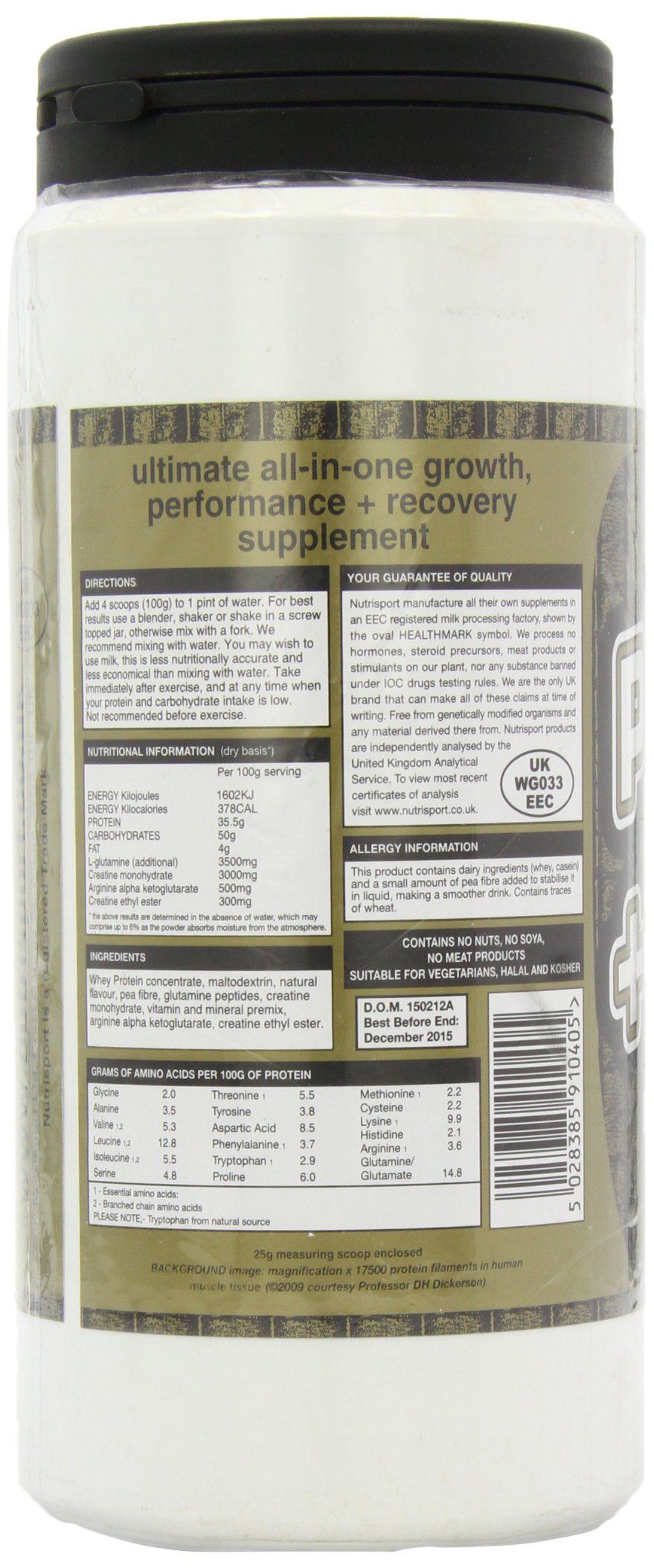 White plastic tub of NutriSport Protein & Complex Carbs powder with black lid