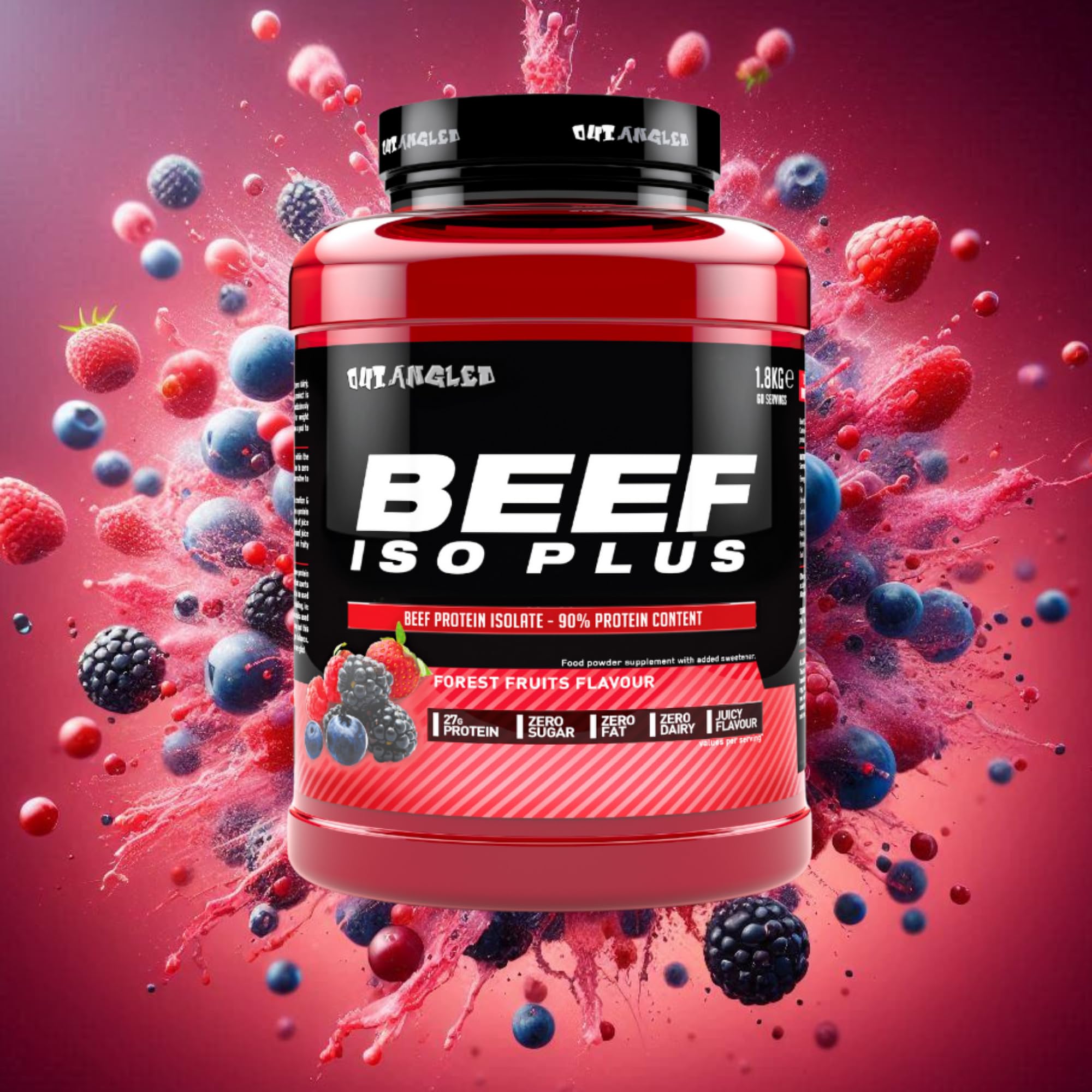 Red and black Outangled Beef Iso Plus container with forest fruits flavor, beef protein isolate