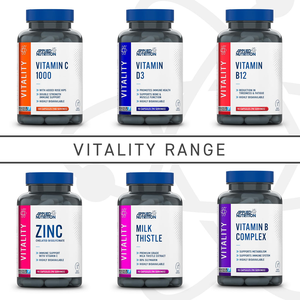 Six Applied Nutrition VITALITY B12 Veg Caps bottles supporting energy and nutrition vitamin B12
