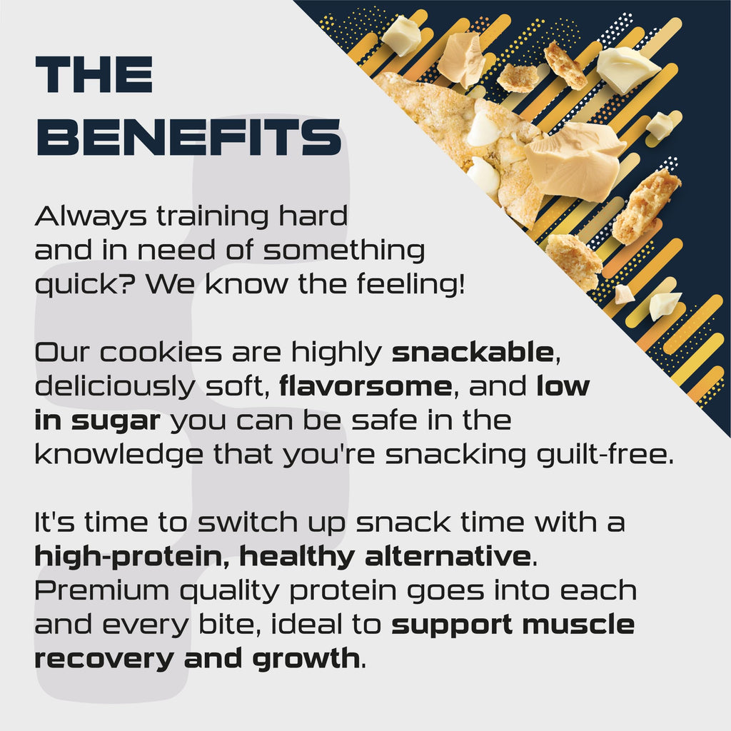 Informational graphic showing SCI-MX Blondie high-protein low-sugar cookies for muscle recovery with oat flour