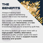 Informational graphic showing SCI-MX Blondie high-protein low-sugar cookies for muscle recovery with oat flour