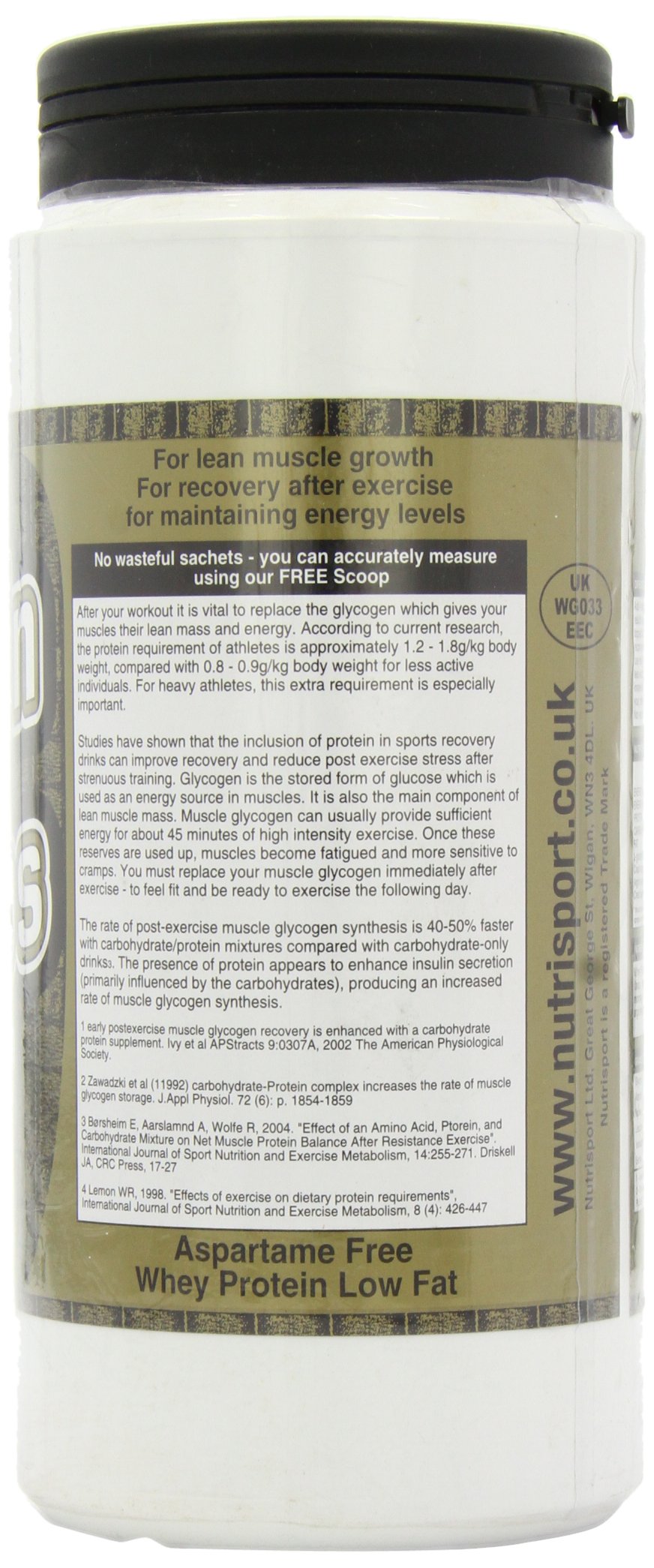 NutriSport Protein & Complex Carbs container with black lid, featuring whey concentrate