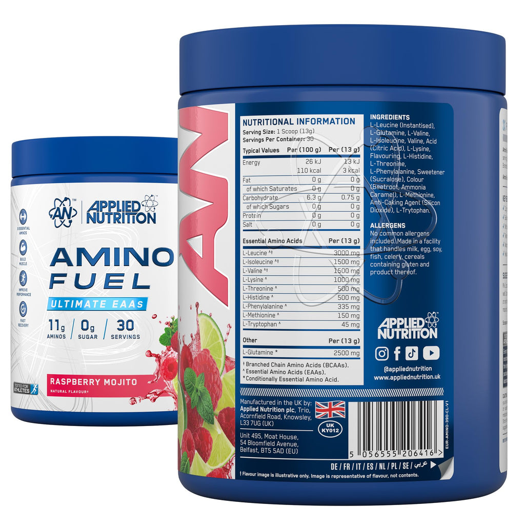 Blue Applied Nutrition Amino Fuel tub with essential amino acids for muscle recovery and hydration