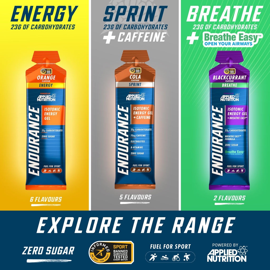 Three Applied Nutrition Endurance Energy Gel Pack variations with halal certified endurance energy gels