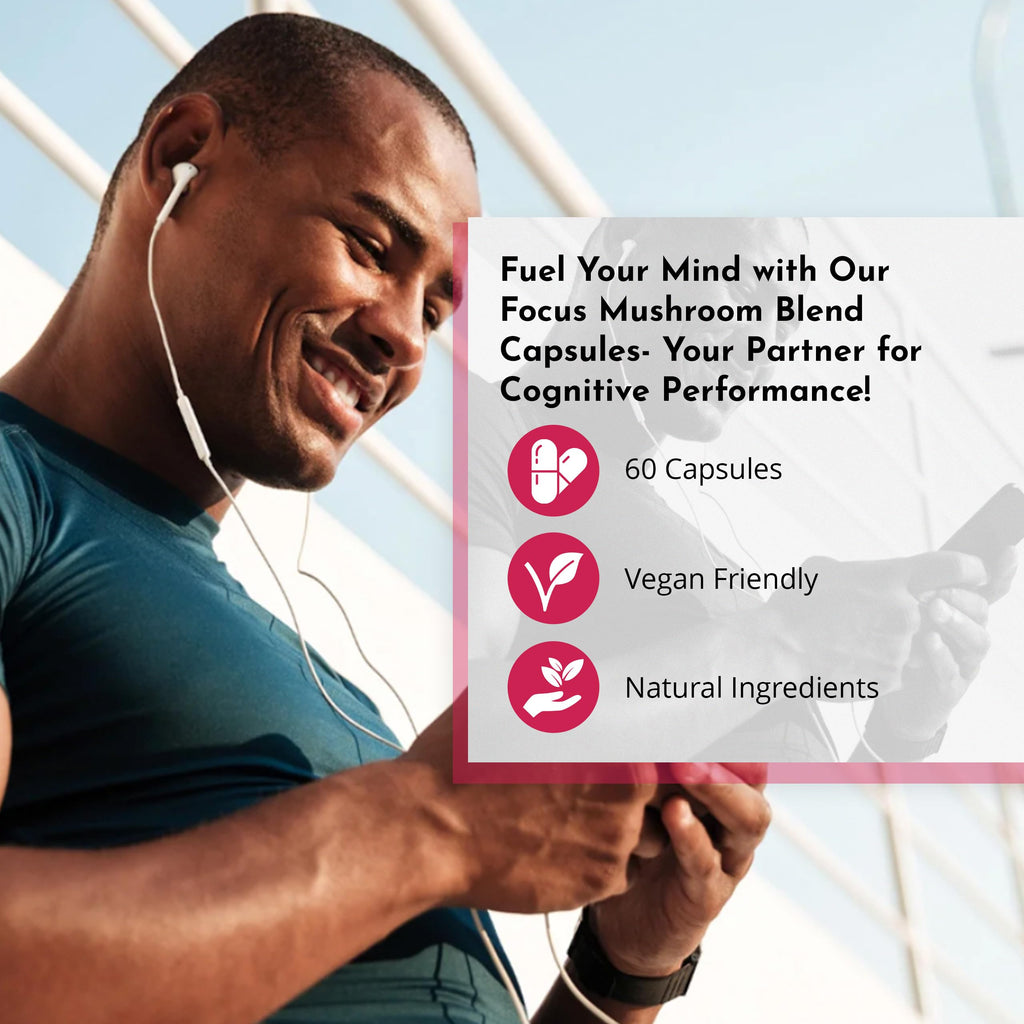 Man smiling with wired earbuds next to BYOND PERFORMANCE Focus Mushroom Capsules for mental clarity